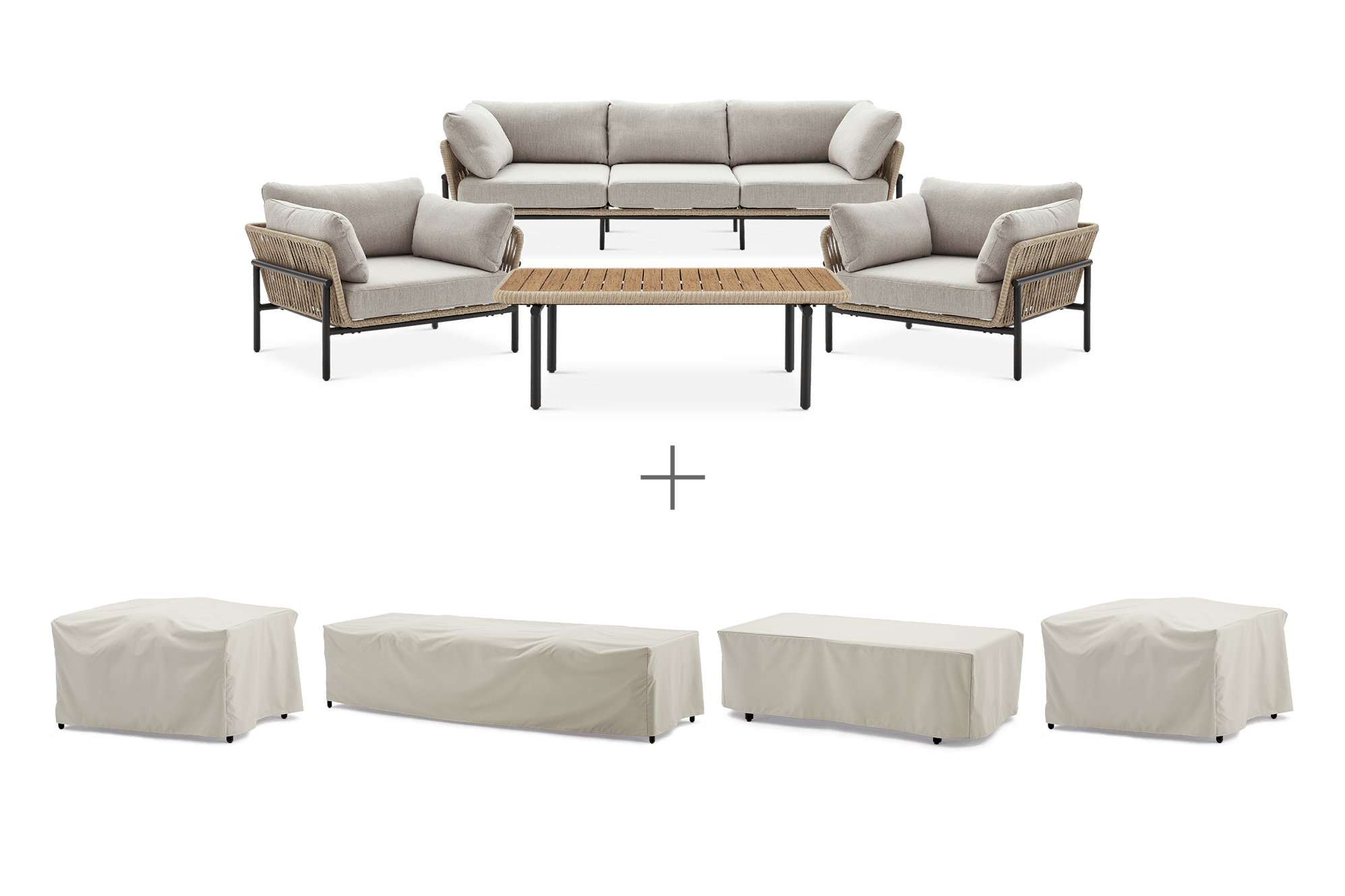 Sierra Outdoor Sofa, 2 Lounge Chairs & Coffee Table Set, Straw with Ivory Cover