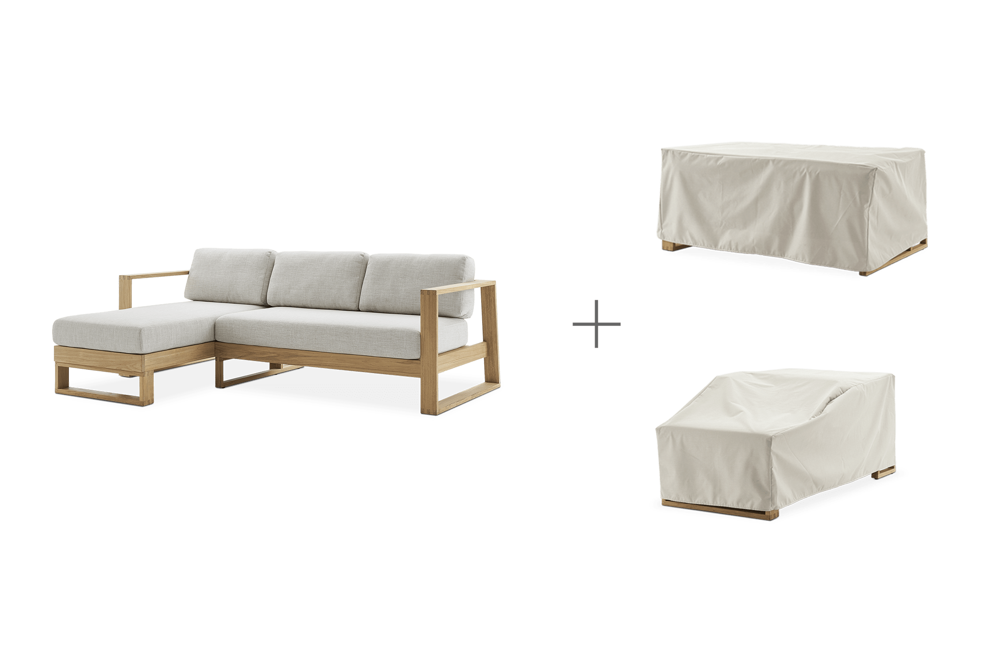 Rio Outdoor Teak Chaise Sectional Sofa (Treated Version) Left Facing with Ivory Cover, Natural Beige