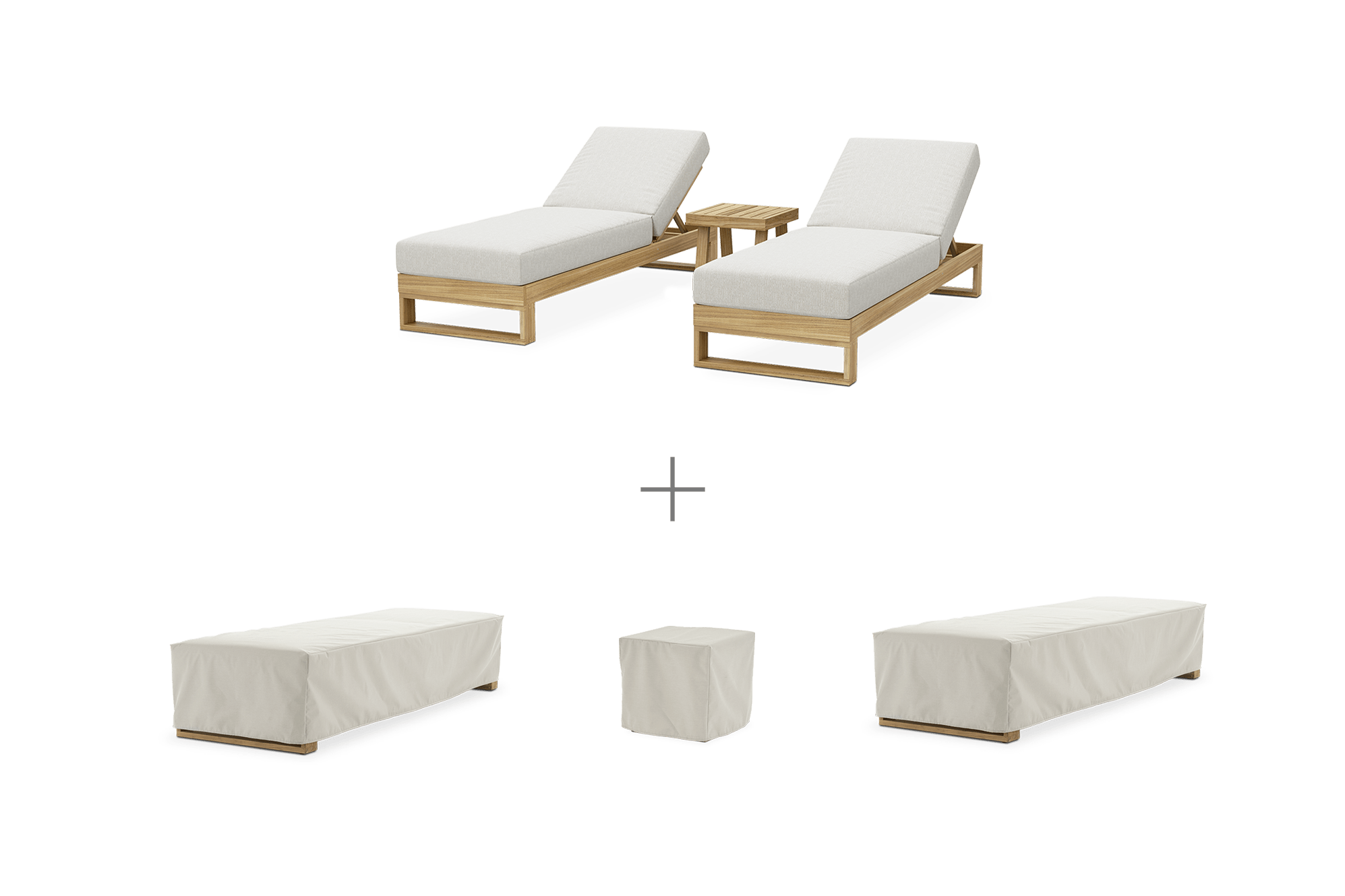 Rio Outdoor Teak 2 Chaise Lounges with Square Side Table (Treated Version) with Ivory Cover, Natural Beige