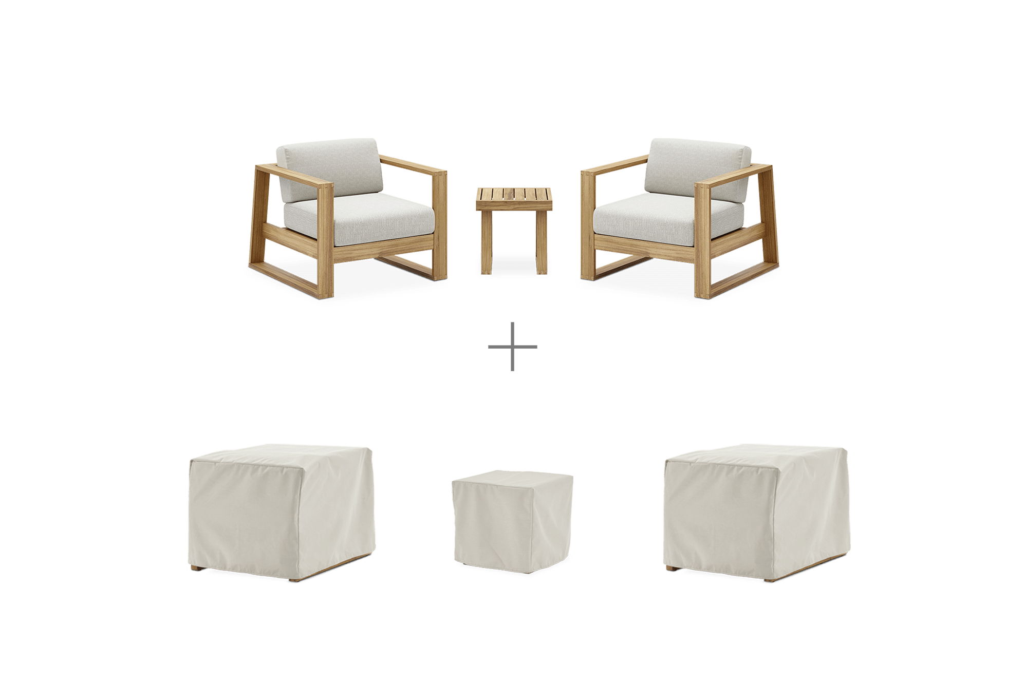 Rio Outdoor Teak 2 Lounge Chairs with Square Side Table (Treated Version) with Ivory Cover, Natural Beige