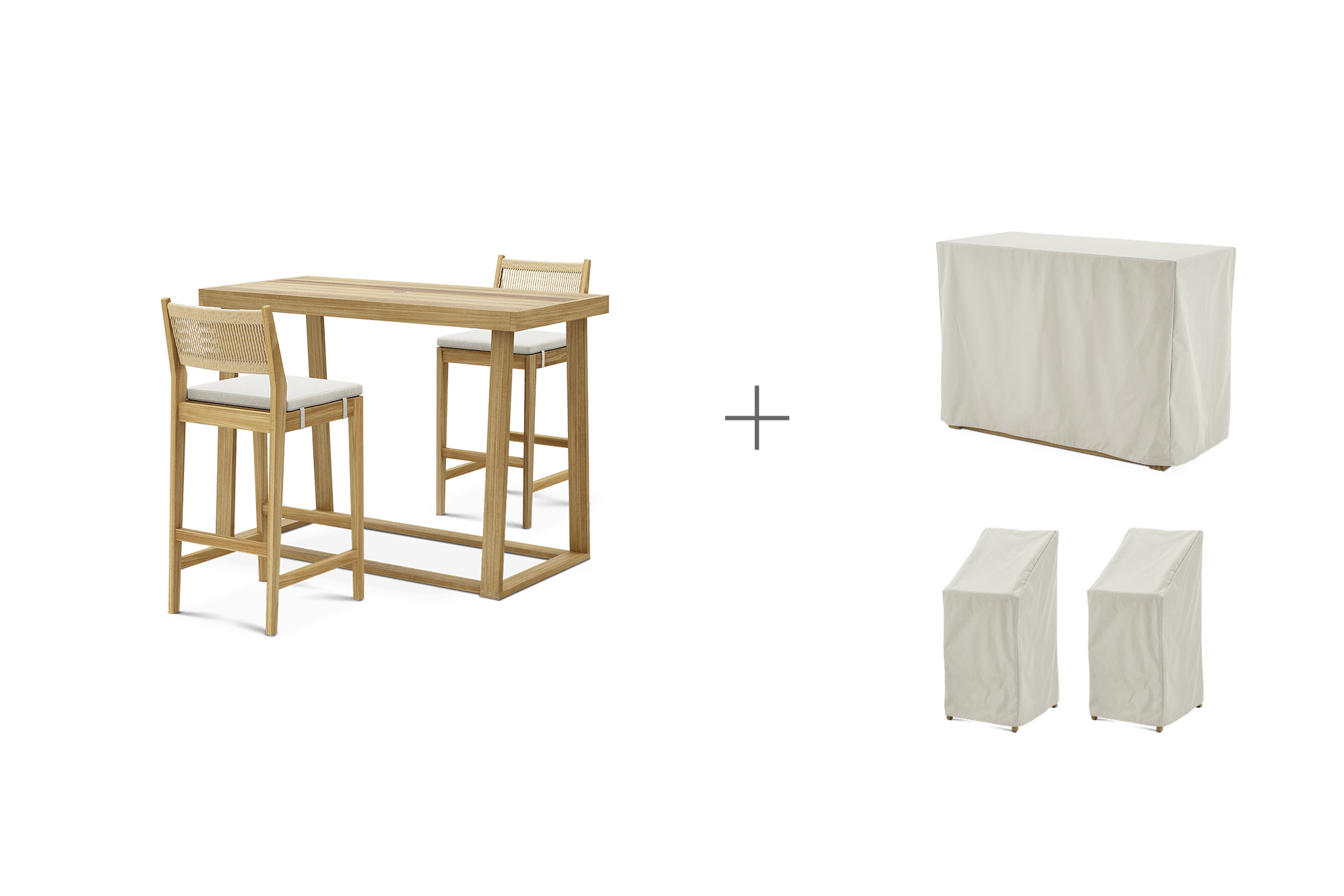 Rio Outdoor Teak Retangular Bar Table  with Stool Set of 2 with Ivory Cover, Natural Beige