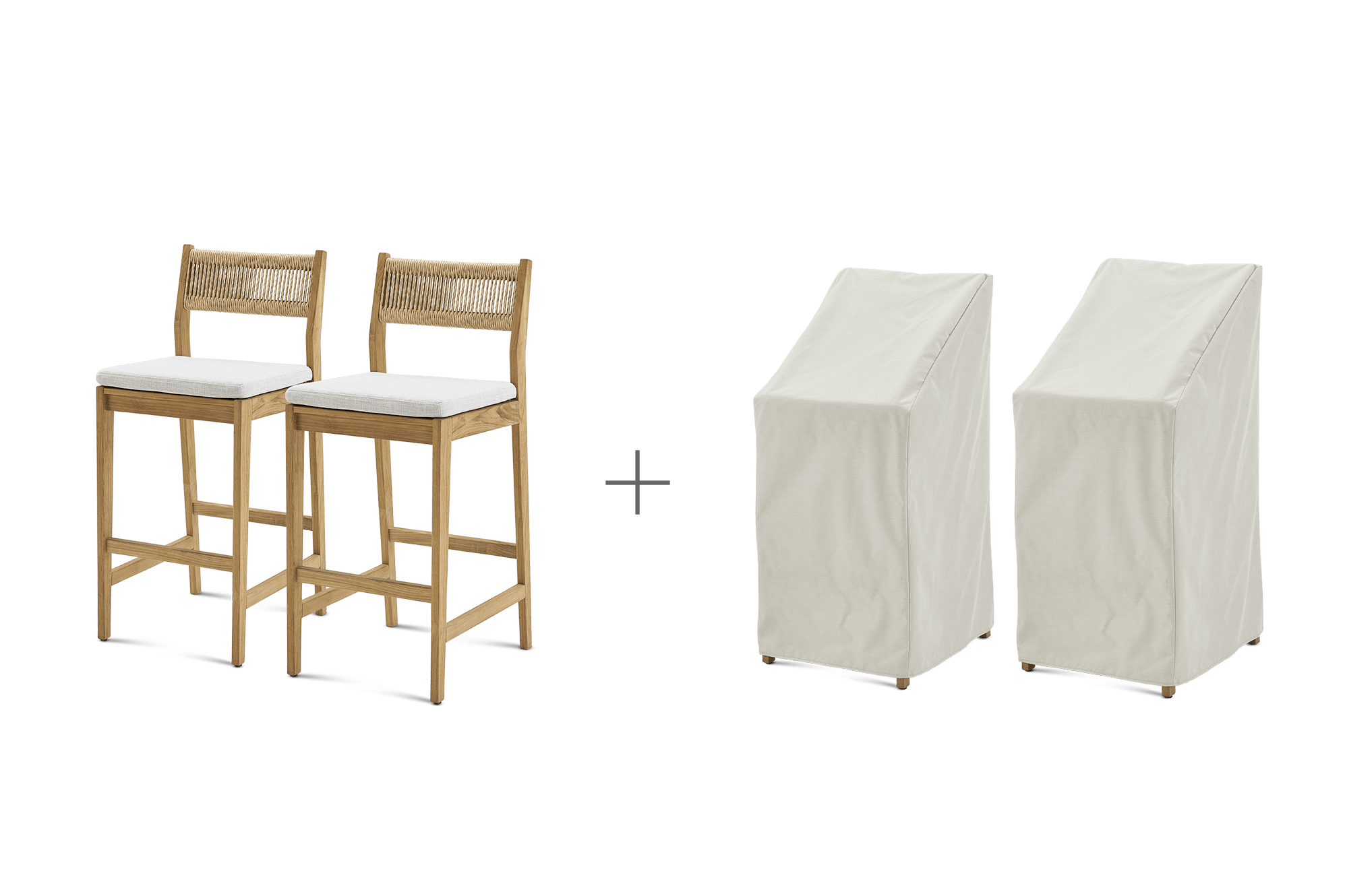 Rio Outdoor Teak Bar Stool Set of 2 with Ivory Cover, Natural Beige