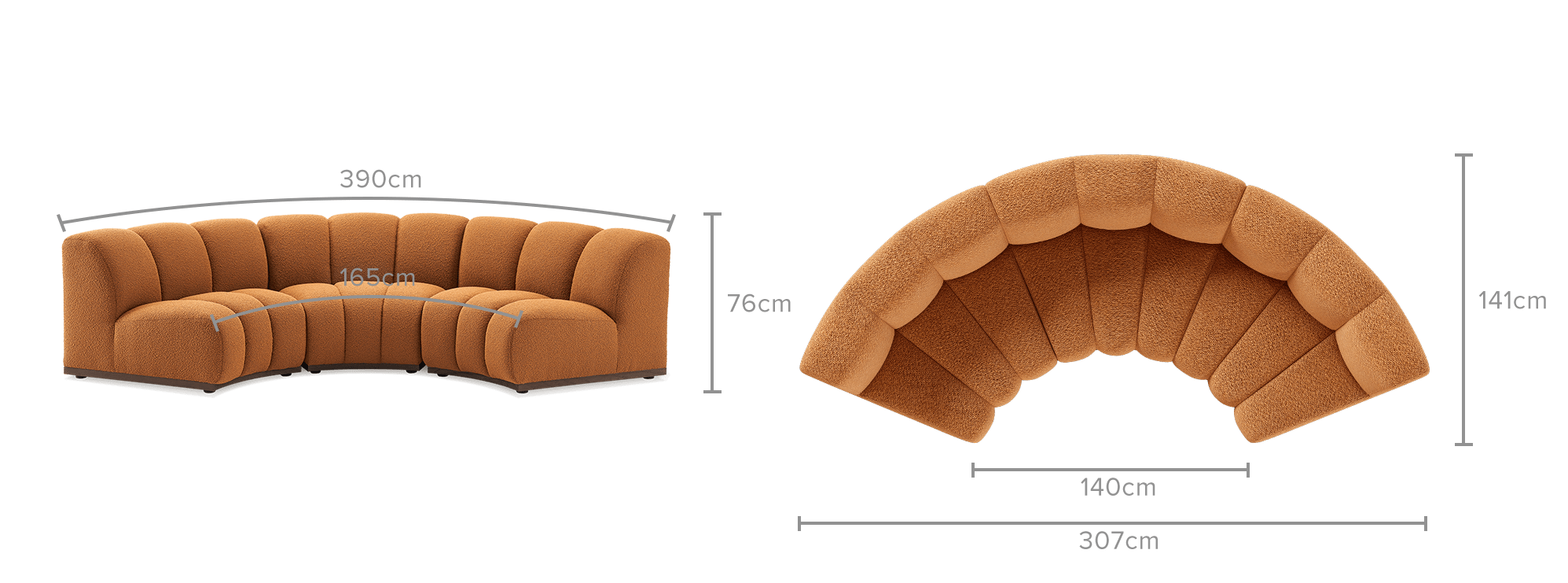 dimension of Marlow Performance Bouclé Curve 3 Seater Sofa