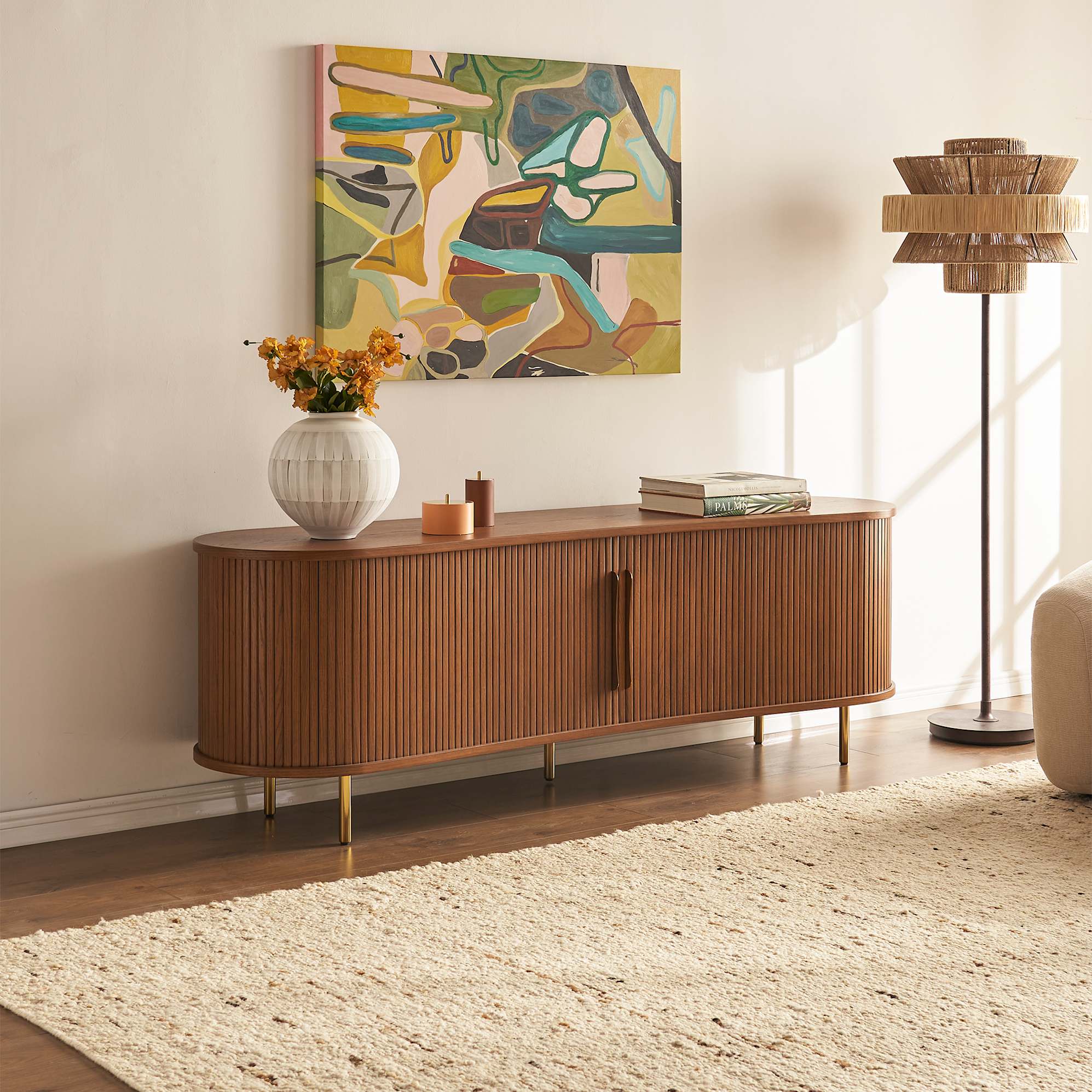 Harper Curved TV Console, Brass Leg lifestyle
