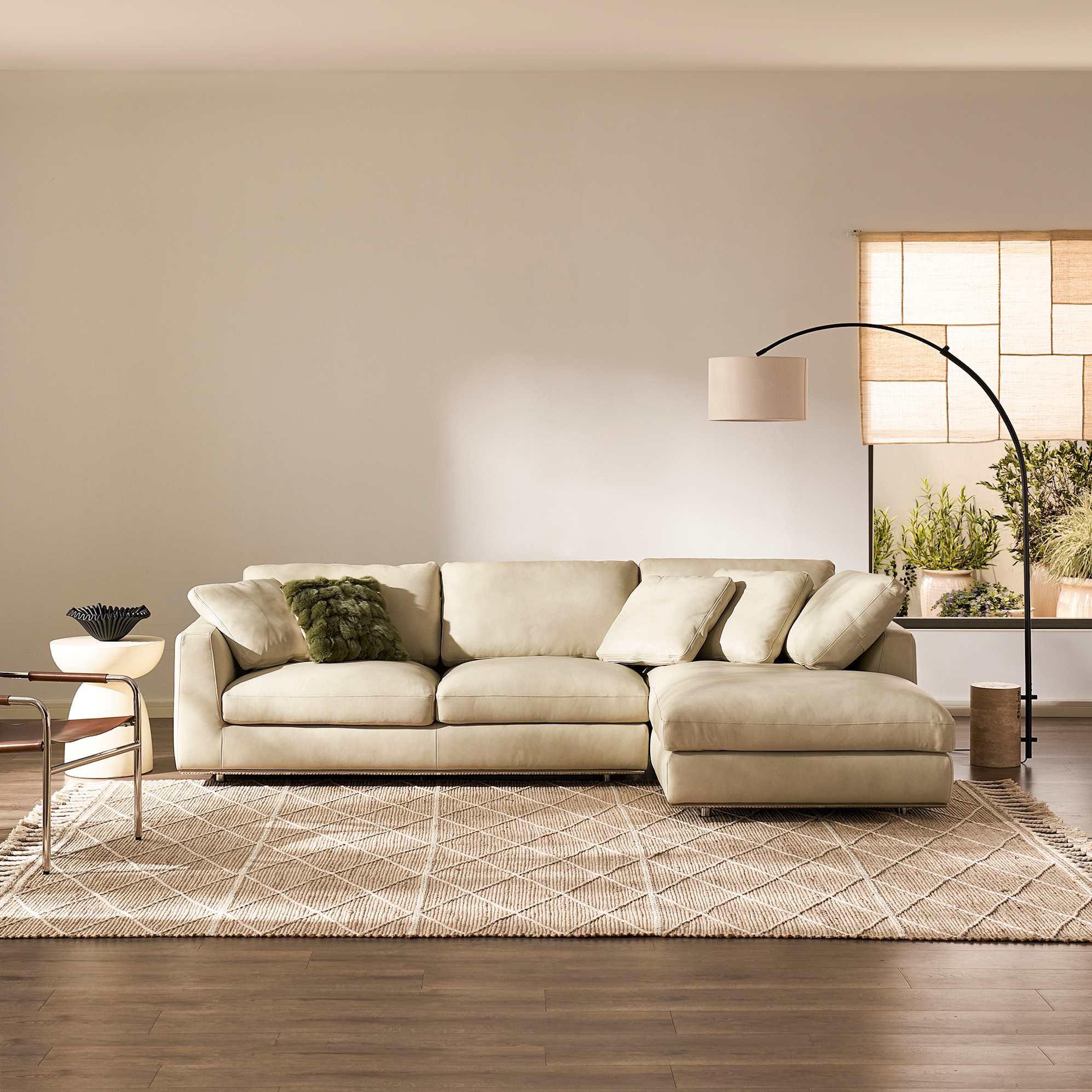 Hamilton Leather Chaise Sectional Sofa Right Facing with Storage Ottoman, (Marche) Ivory lifestyle