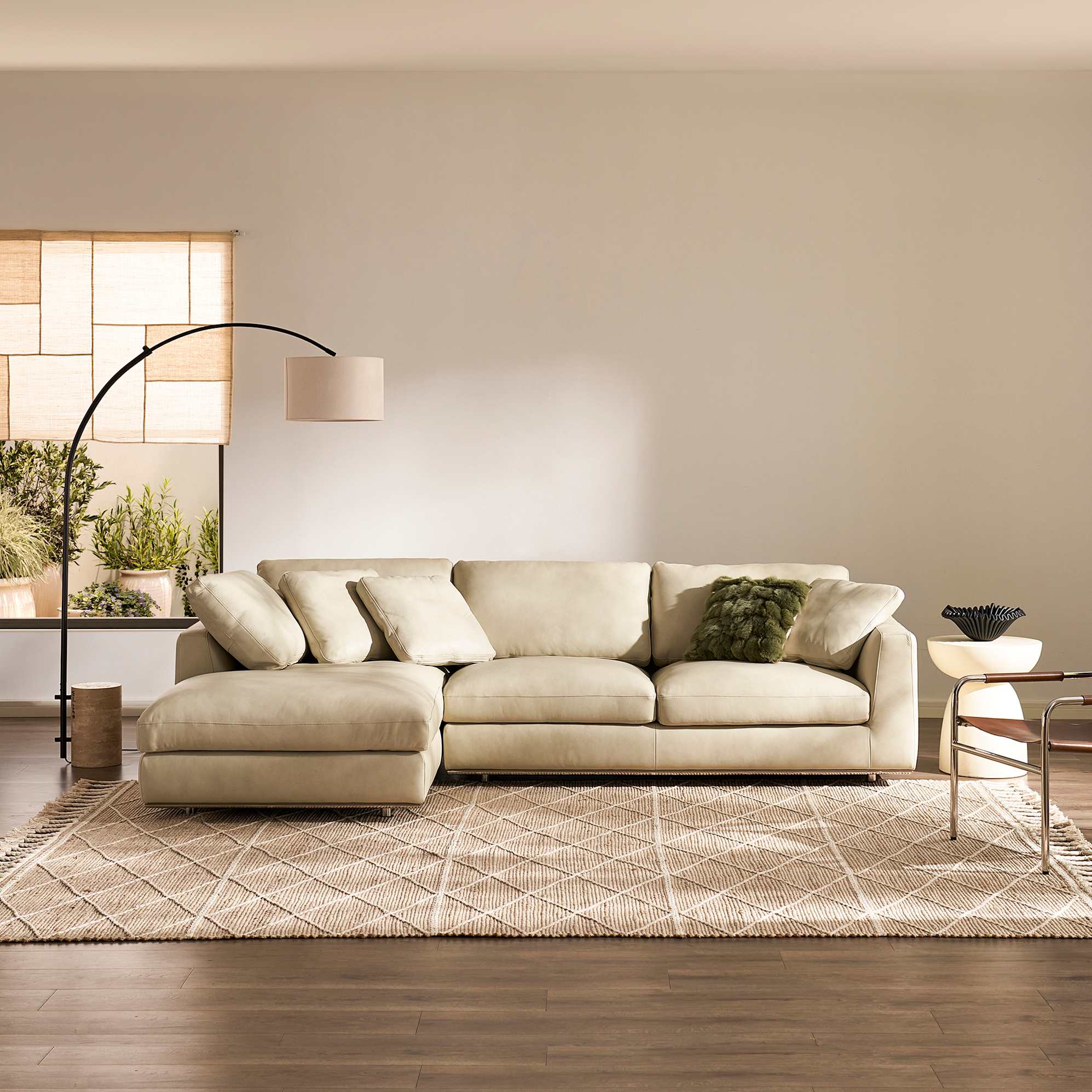 Hamilton Leather Chaise Sectional Sofa Left Facing, (Marche) Ivory lifestyle
