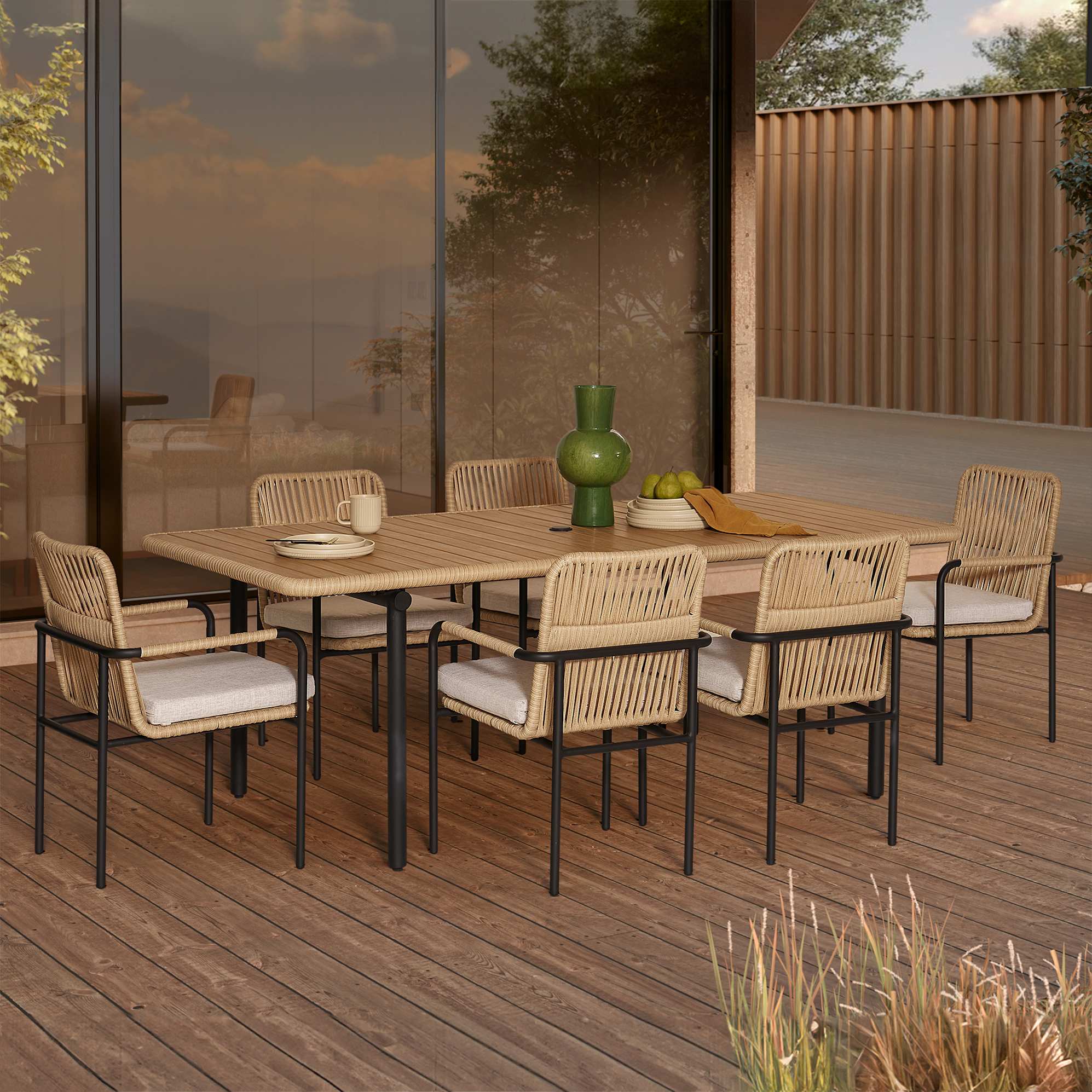 Sierra Outdoor Dining Table with 6 Chairs, Straw lifestyle