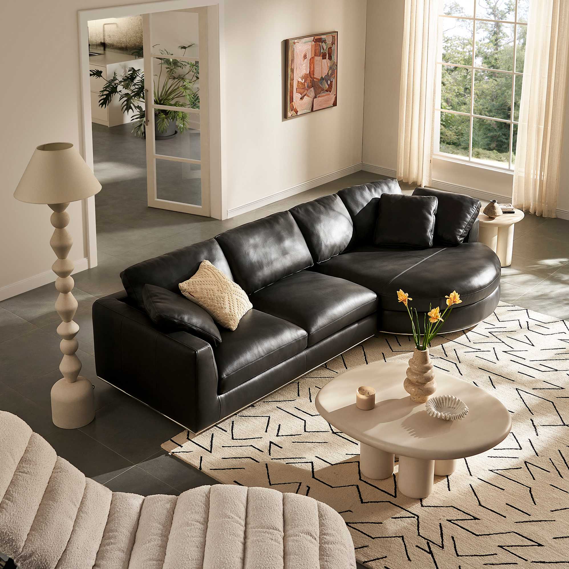 Hamilton Leather Round Chaise Sectional Sofa Right Facing, (Marche) Graphite lifestyle