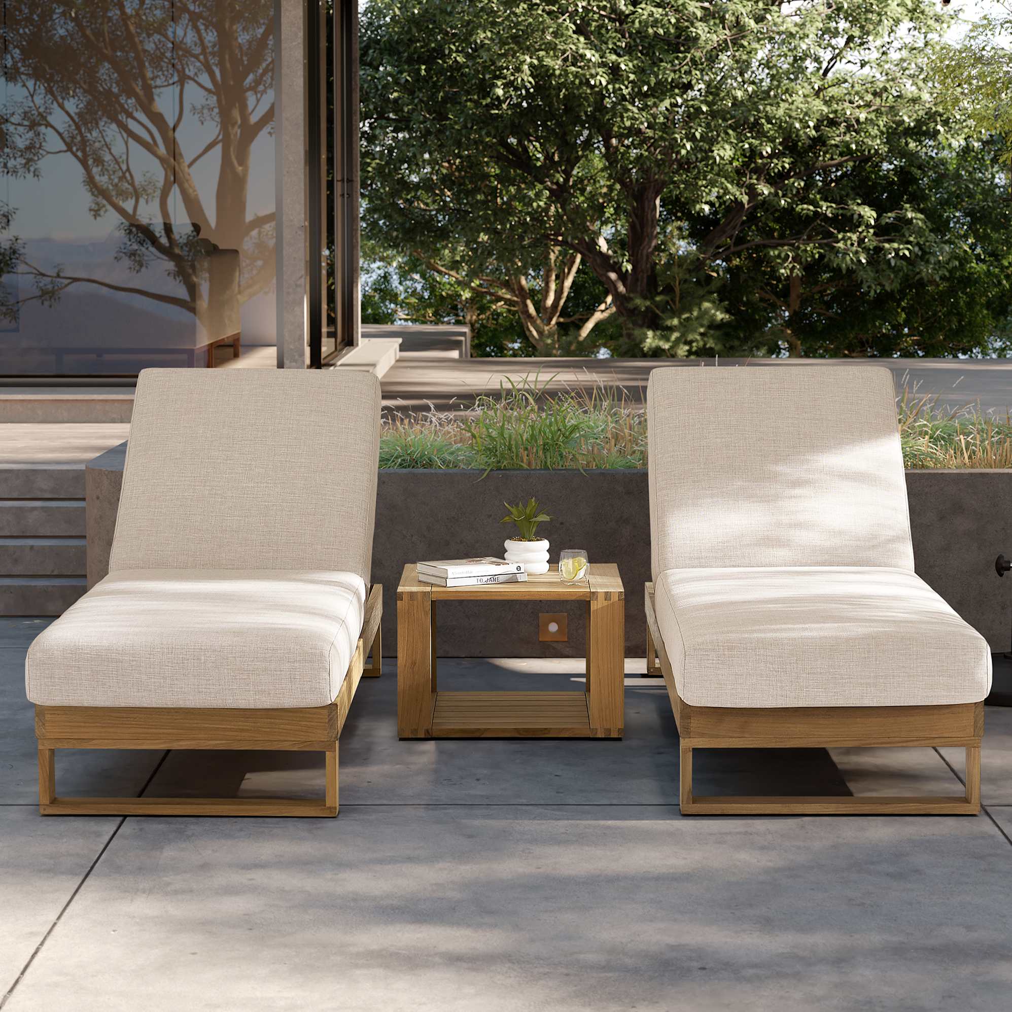 Rio Outdoor Teak 2 Chaise Lounges with Box Side Table, Natural Beige lifestyle