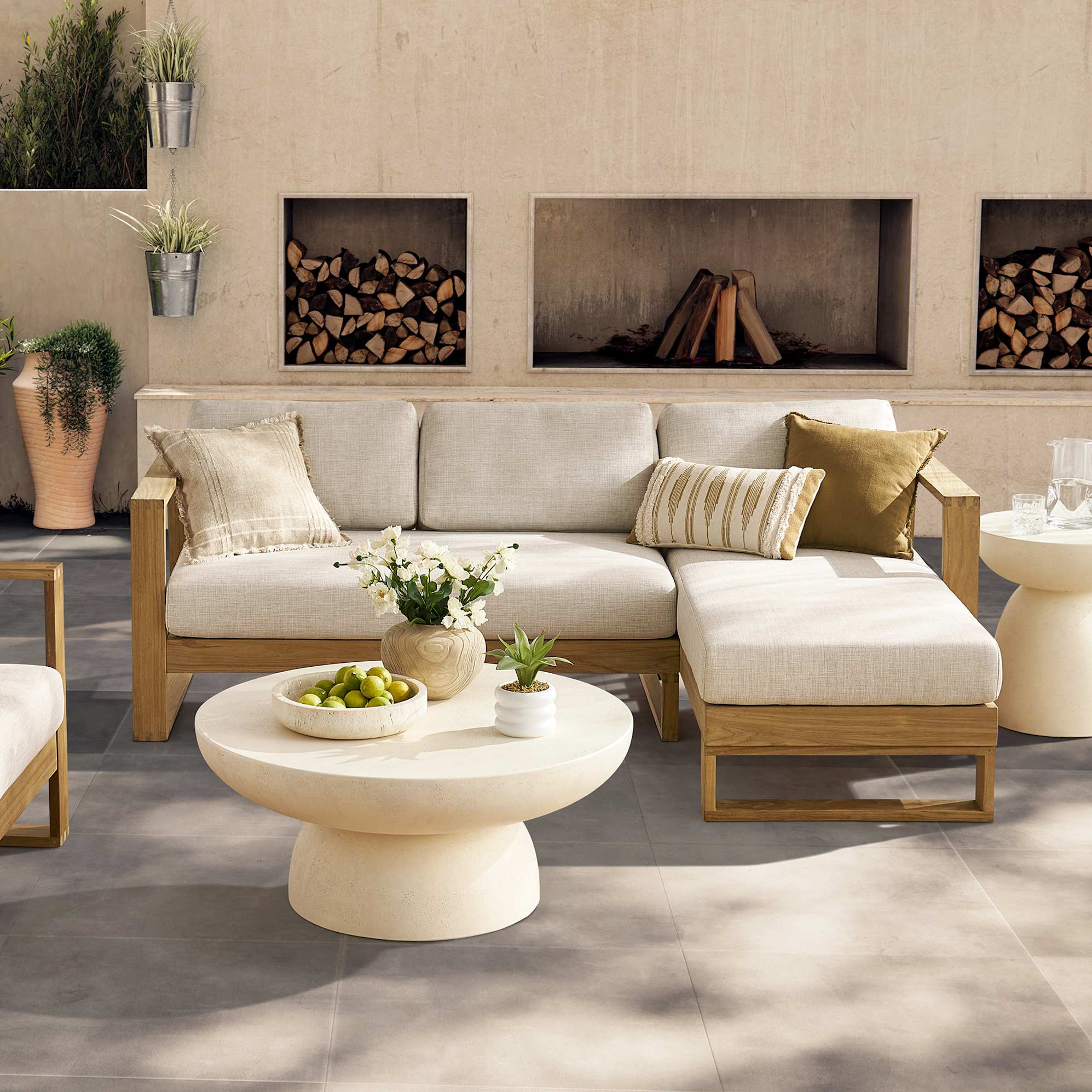 Rio Outdoor Teak Chaise Sectional Sofa Right Facing, Natural Beige lifestyle