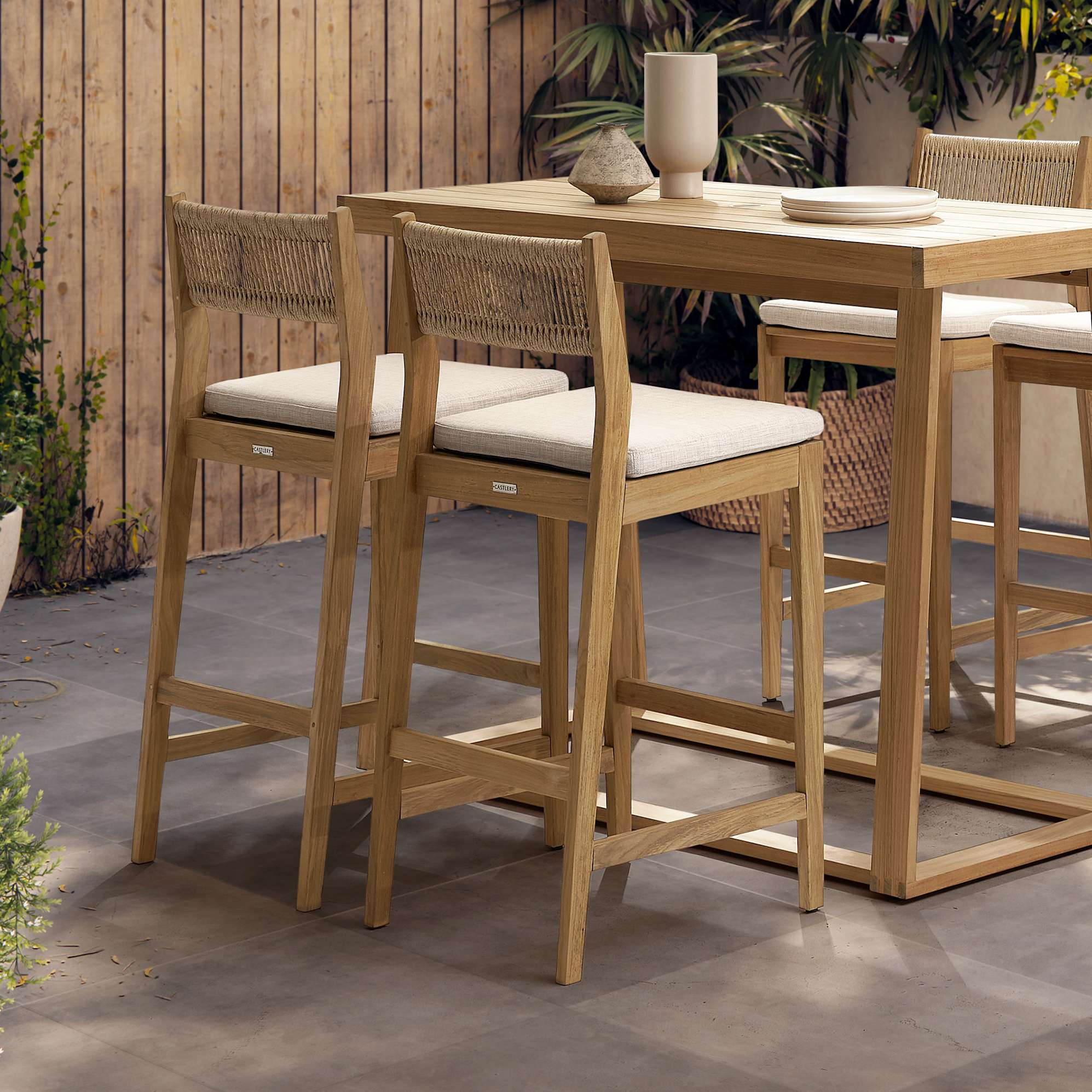 Rio Outdoor Teak Bar Stool Set of 2, Natural Beige lifestyle