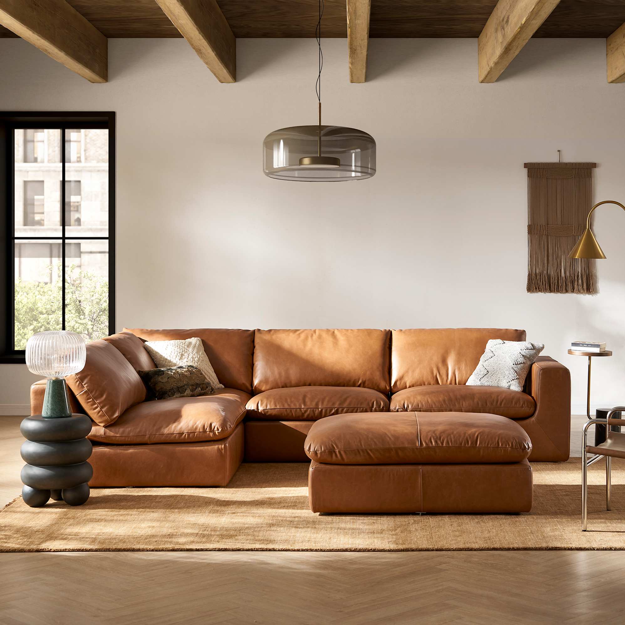 Dawson Leather Chaise Sectional Sofa with Ottoman Left Facing, Cocoa lifestyle