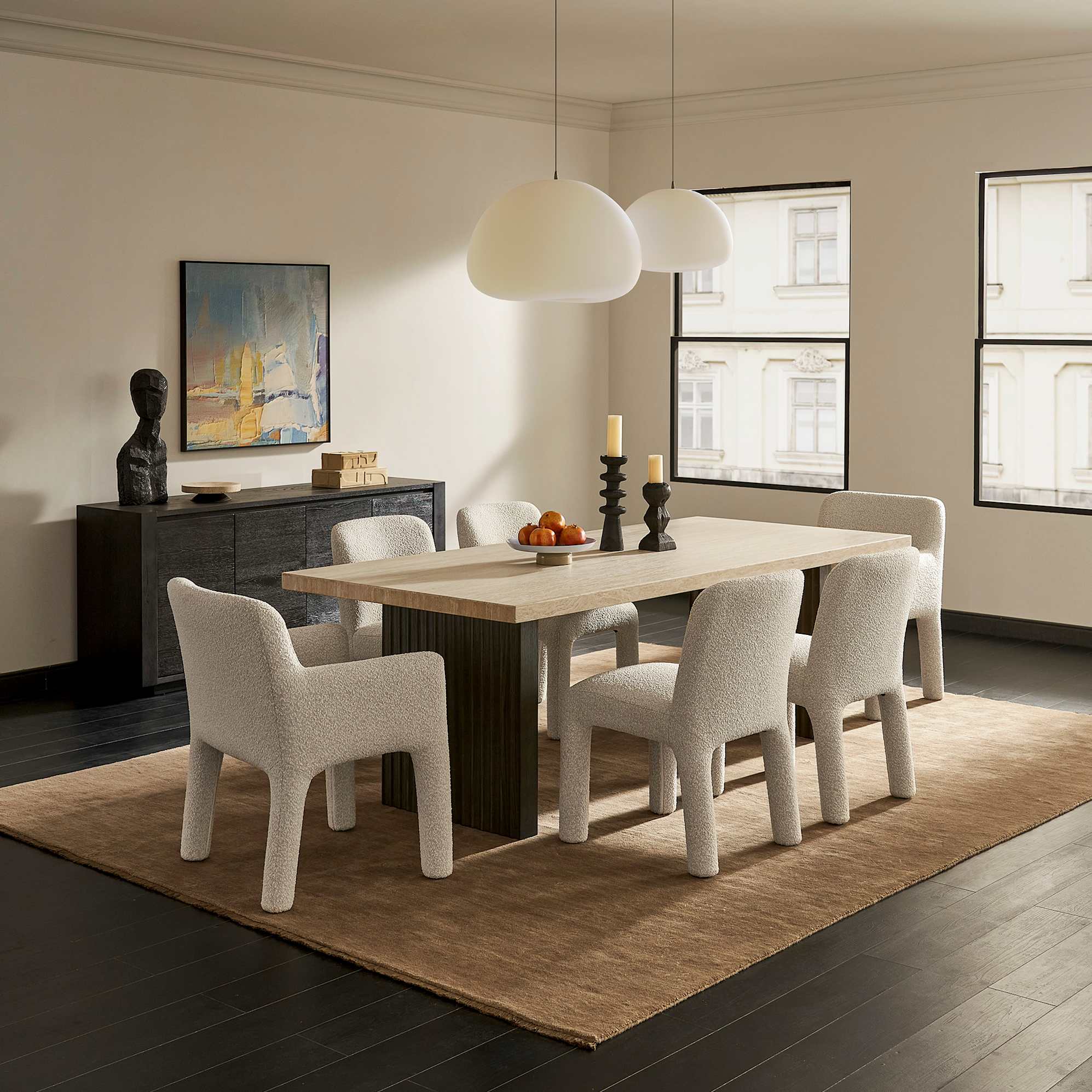 Sloane Travertine Dining Table, 71" lifestyle