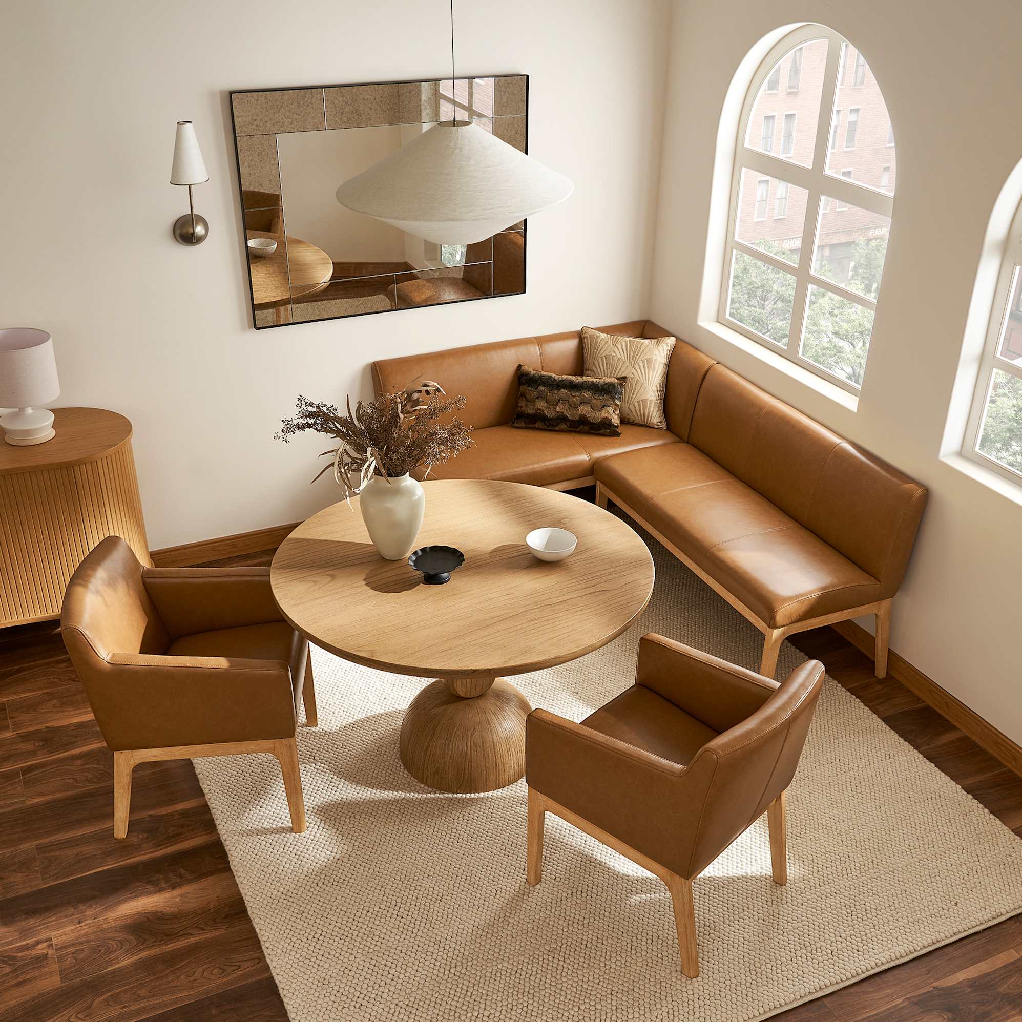 Elliot Leather L-Shape Banquette Left Facing, (Lugano) Caramel (Fawn Leg) lifestyle