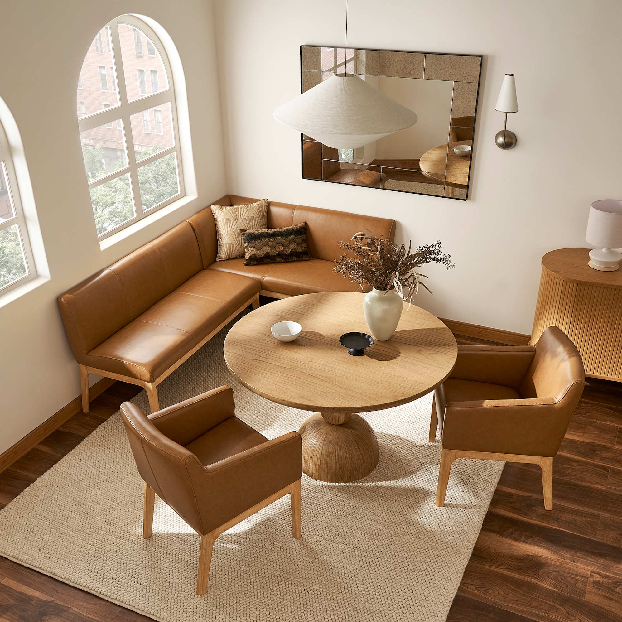 Elliot Leather L-Shape Banquette Right Facing, (Lugano) Caramel (Fawn Leg) lifestyle