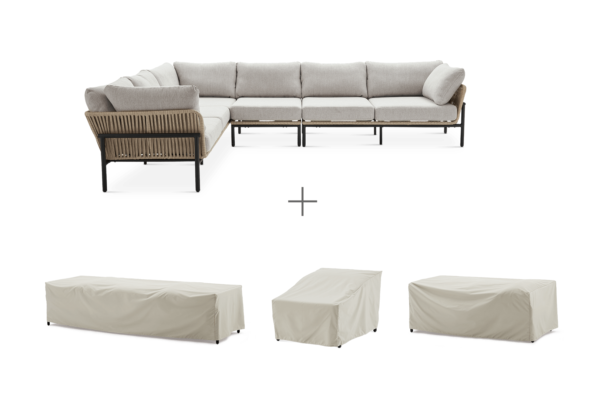 Sierra Outdoor Extended L-Shape Sectional Sofa with Ivory Cover, Straw