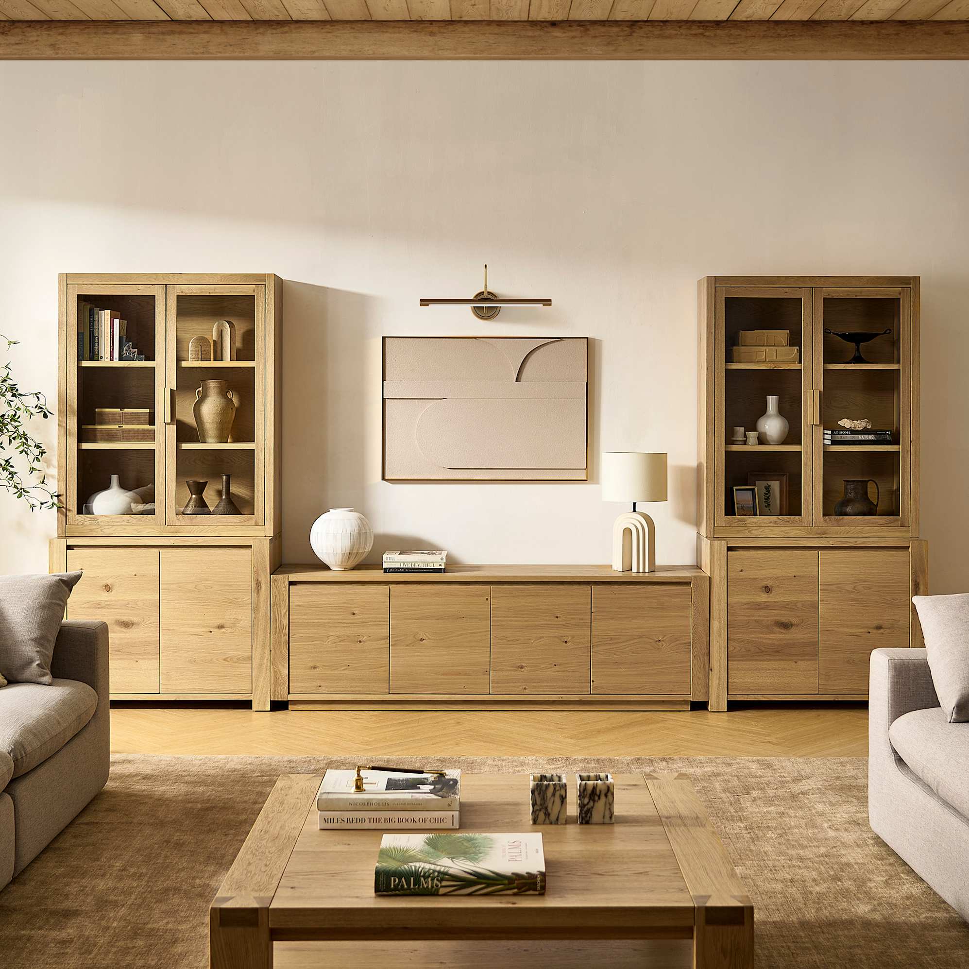 Bradley TV Storage System with Glass Cabinet, Natural lifestyle