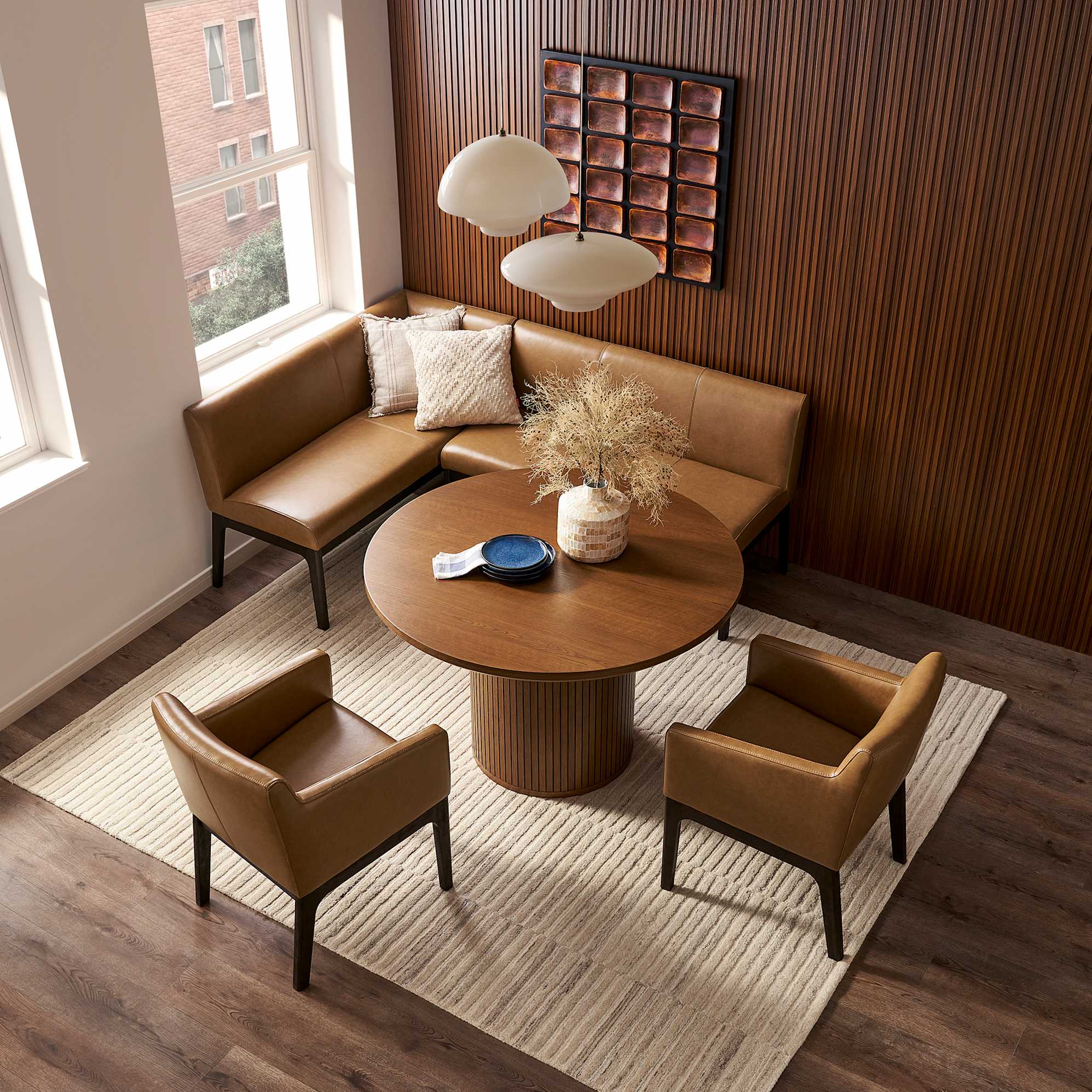 Elliot Leather L-Shape Banquette Left Facing, (Lugano) Caramel (Espresso Leg) lifestyle