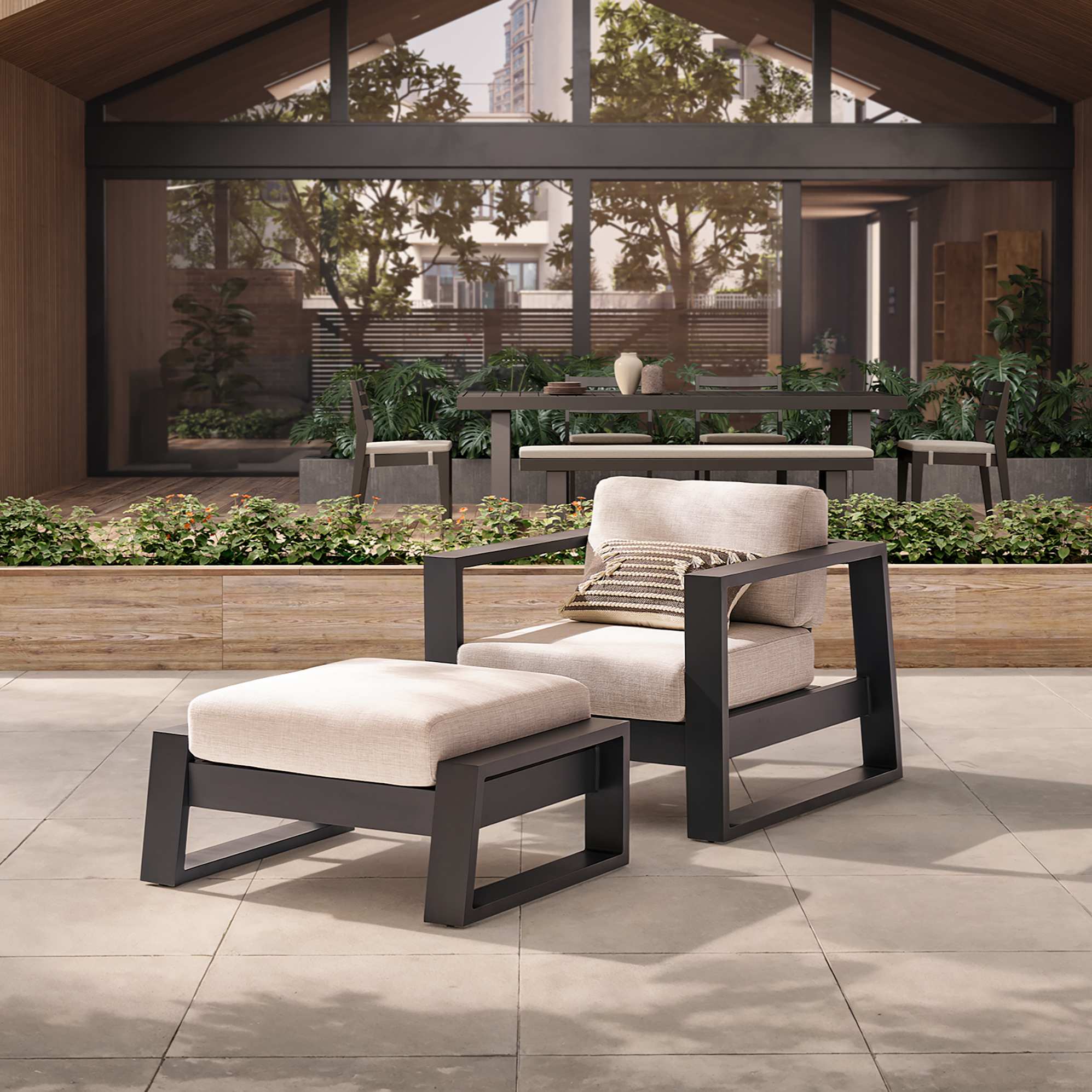 Rio Outdoor Aluminium Lounge Chair & Ottoman Set, Natural Beige lifestyle
