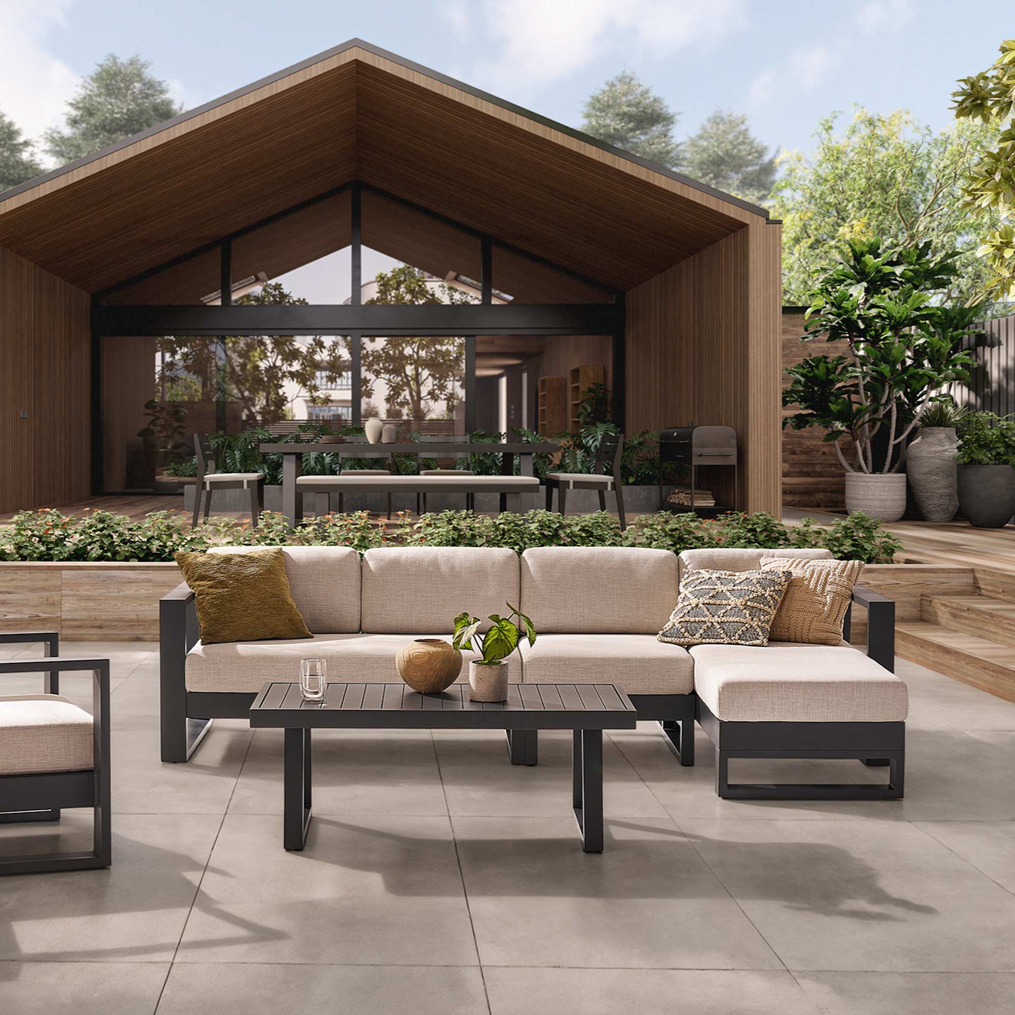 Rio Outdoor Aluminum Extended Chaise Sectional Sofa Right Facing, Natural Beige lifestyle