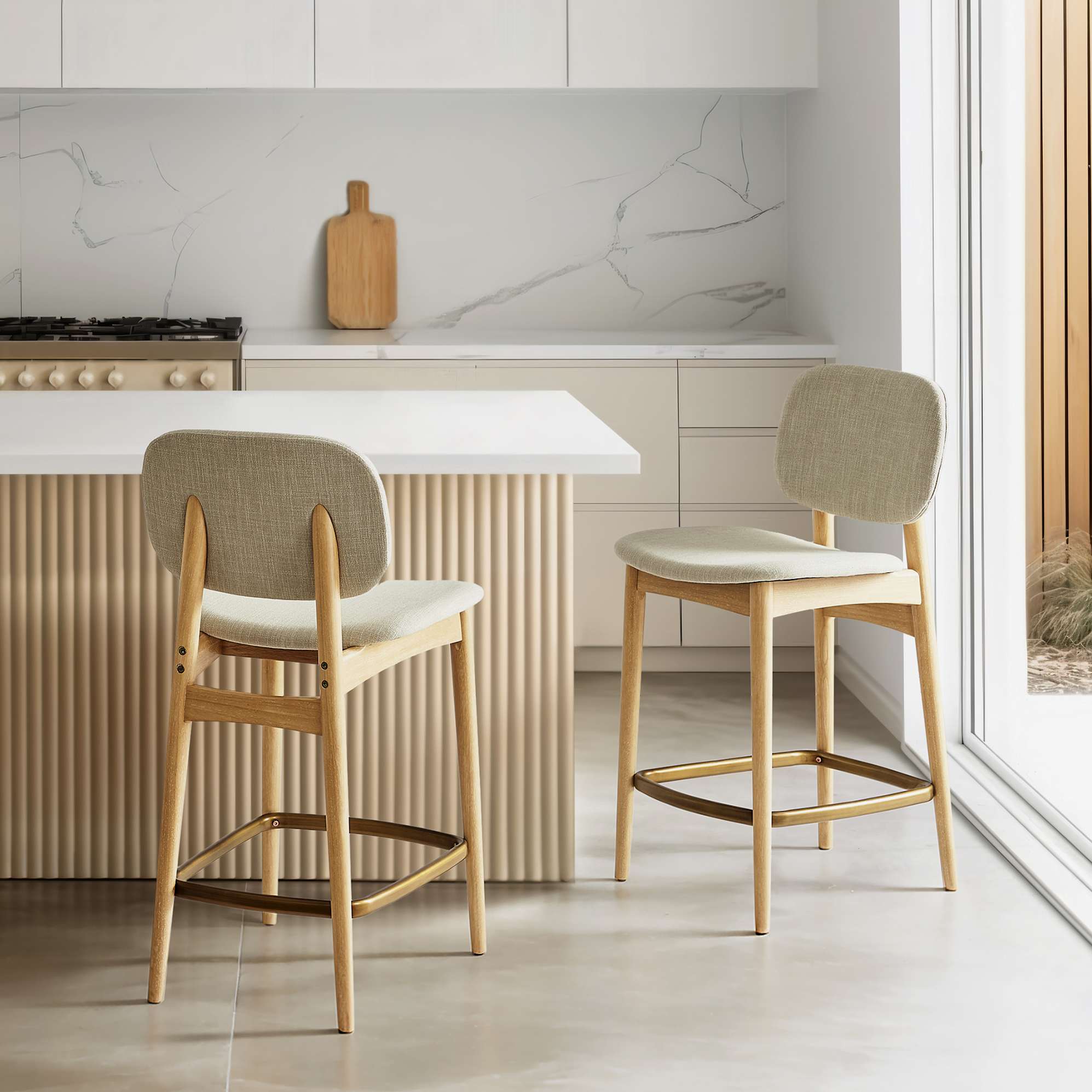 Kelsey Counter Stool, (Linen Weave) Ivory Beige (White Wash)