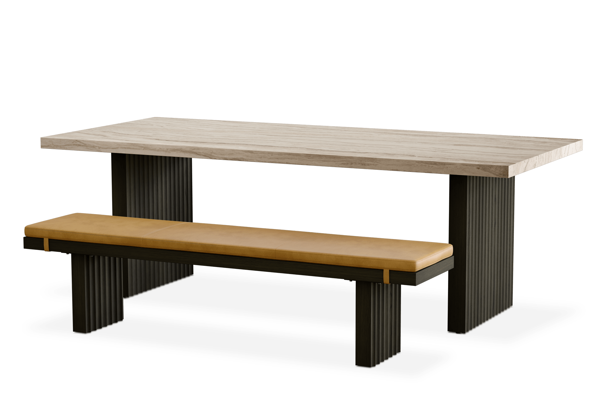 Sloane Travertine Dining Table 225cm with Dining Bench 180cm Set, Caramel