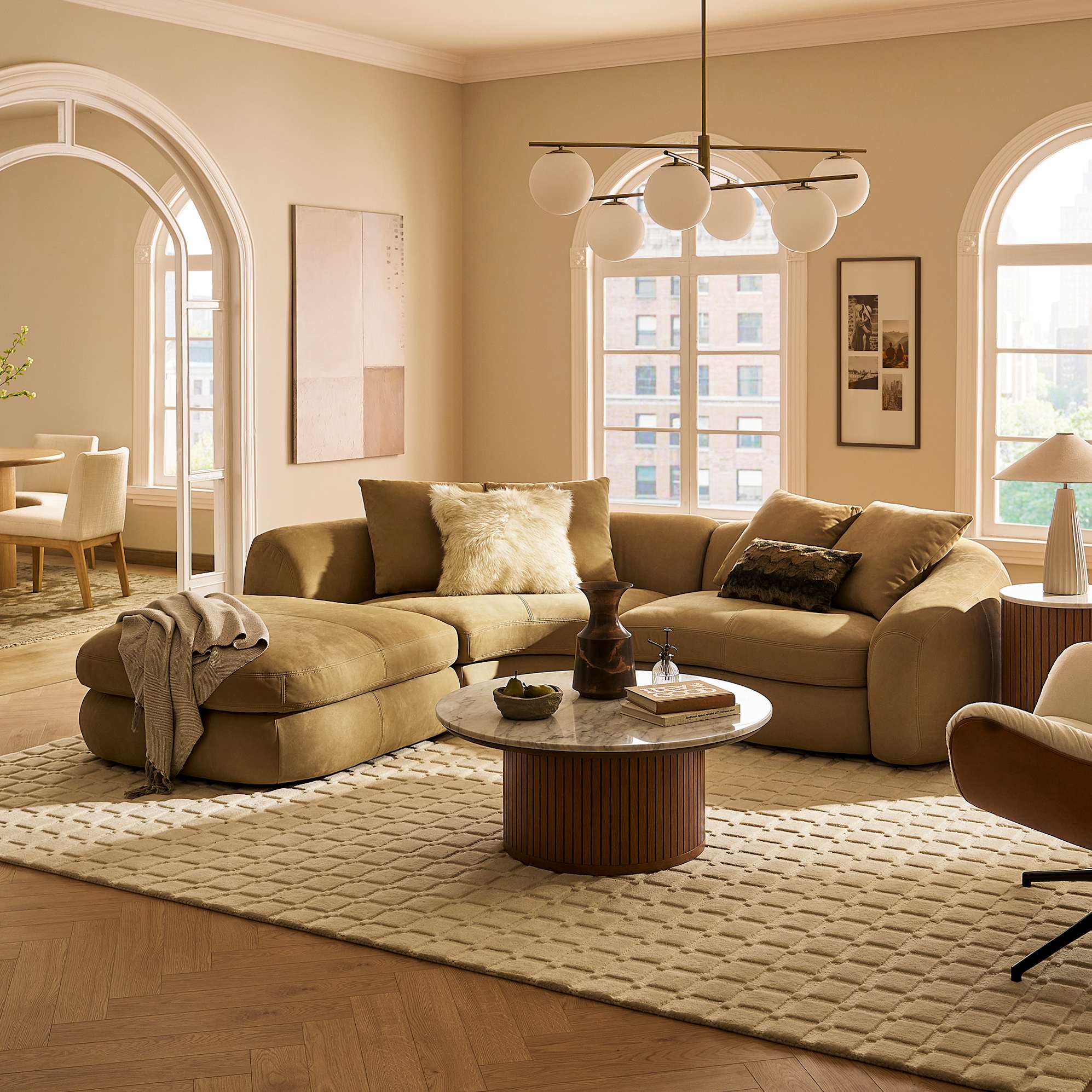 Fable Leather Single Arm Sectional Sofa Left Facing, (Nubuck Classico) Tan lifestyle