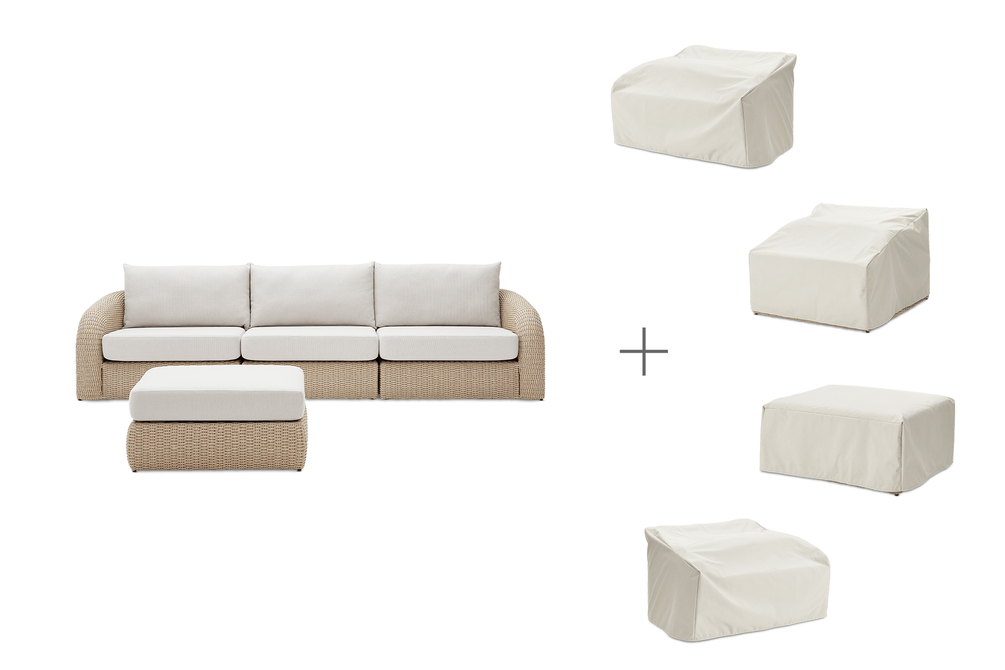 Lorna Outdoor Extended Couch with Ottoman with Ivory Cover, (Ciel) Oat