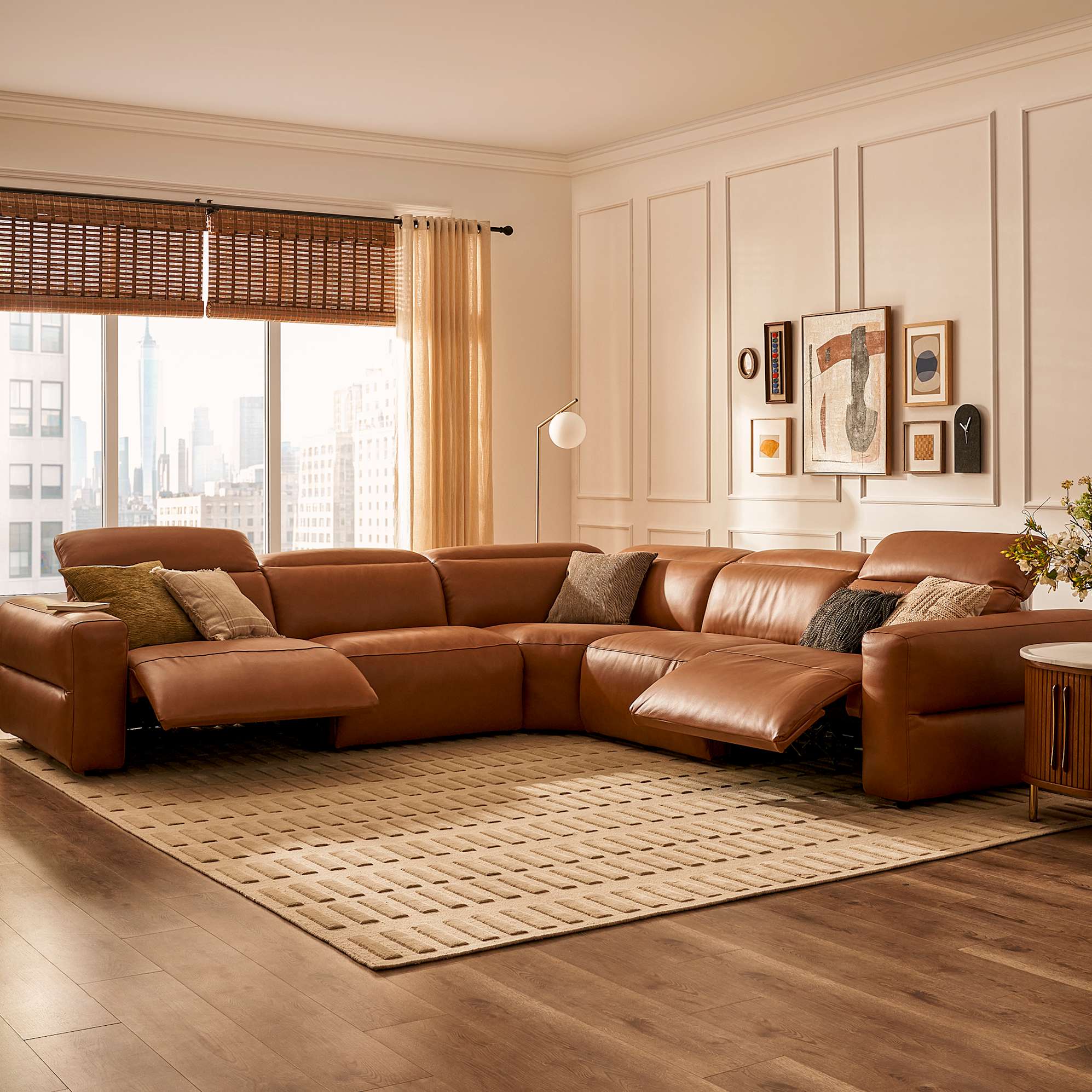 Jaron Leather L-Shaped Sectional Slim Arm Sofa, (Marche) Cocoa lifestyle