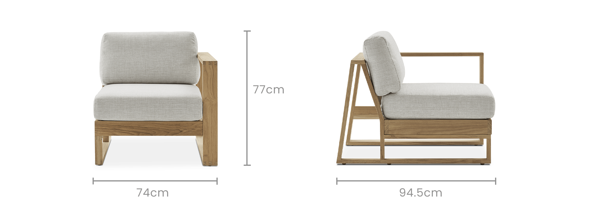 dimension of Rio Outdoor Teak Right Facing 1 Seater Sofa