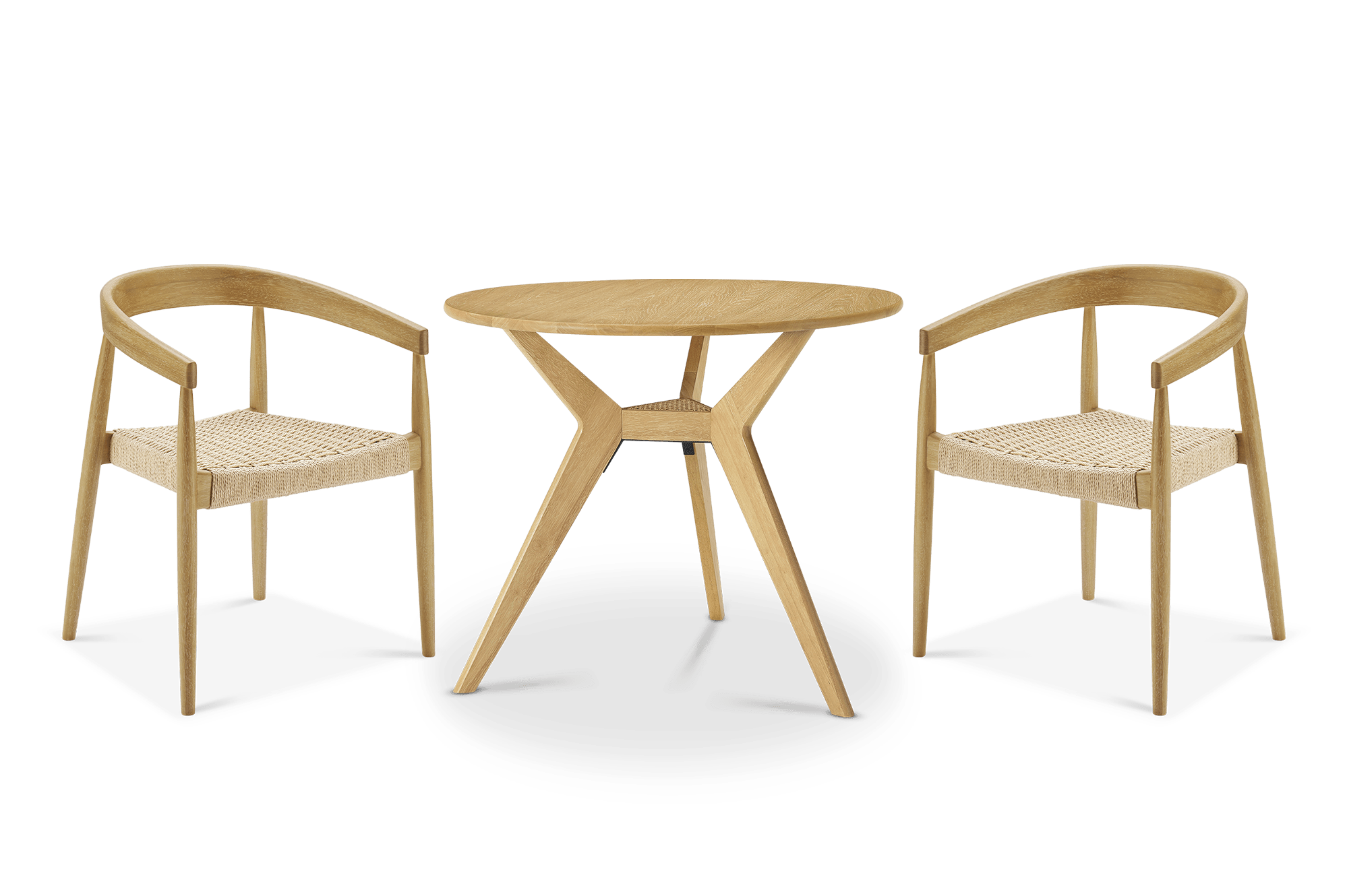 Tribeca Round Dining Table with 2 Austen Dining Arm Chairs, White Wash