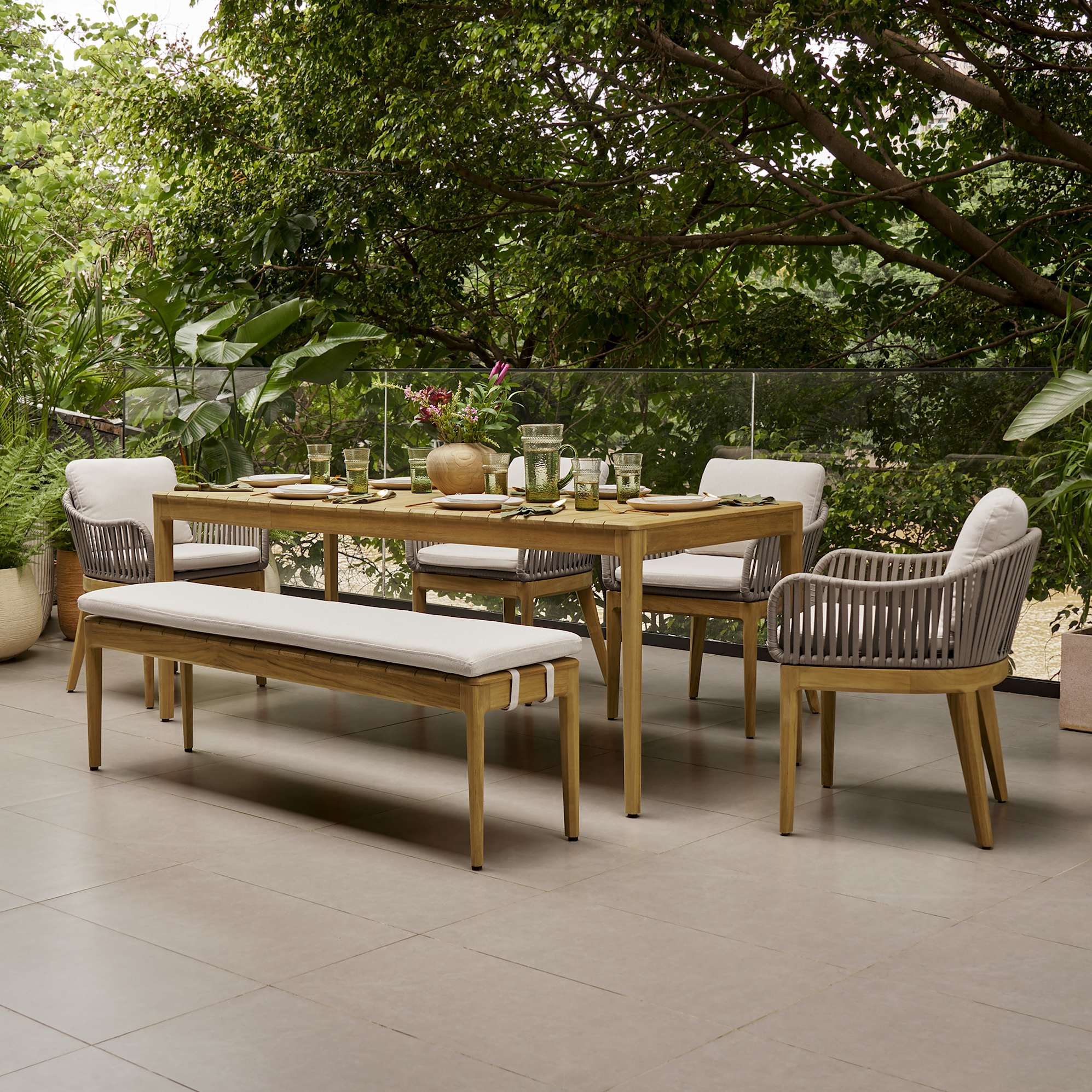 Isla Outdoor Dining Table 70.9" and 4 Chairs and 63" Bench with Ivory Cover, (Sable) Oat
