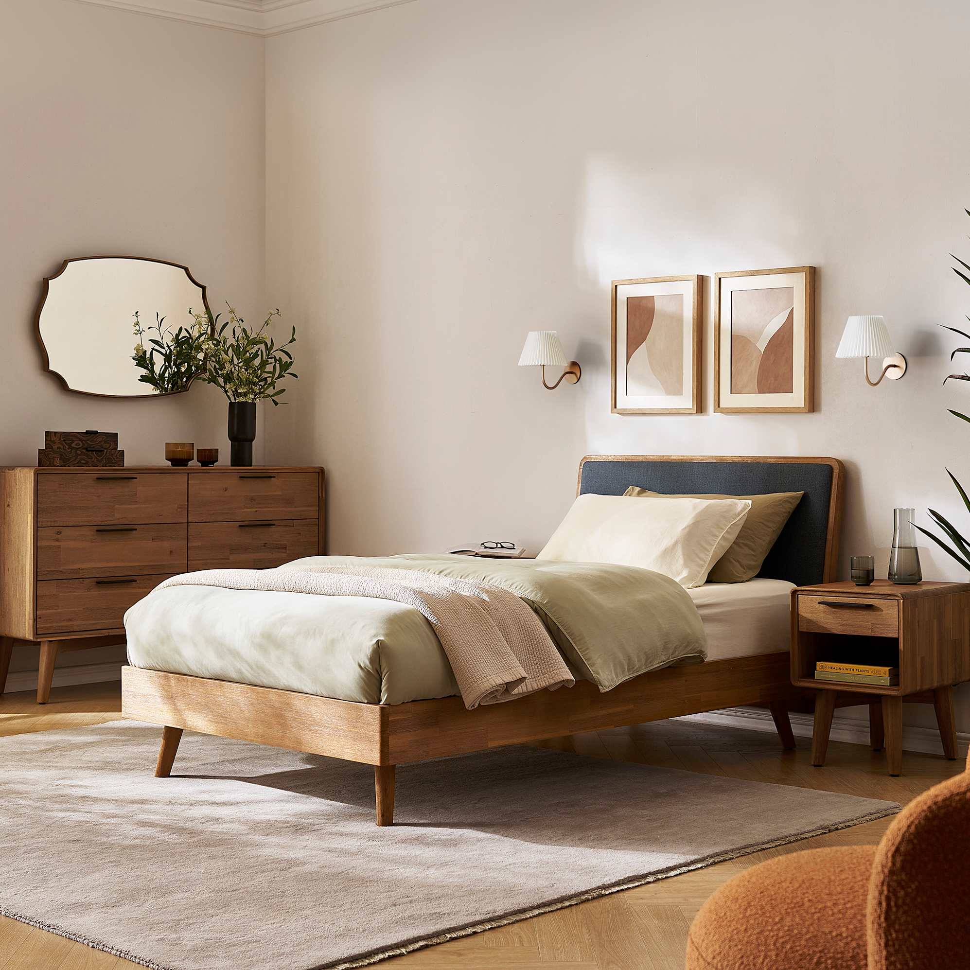 Seb Double Size Bed with 1-Drawer Bedside Tables Set, (Performance Twill) Slate lifestyle