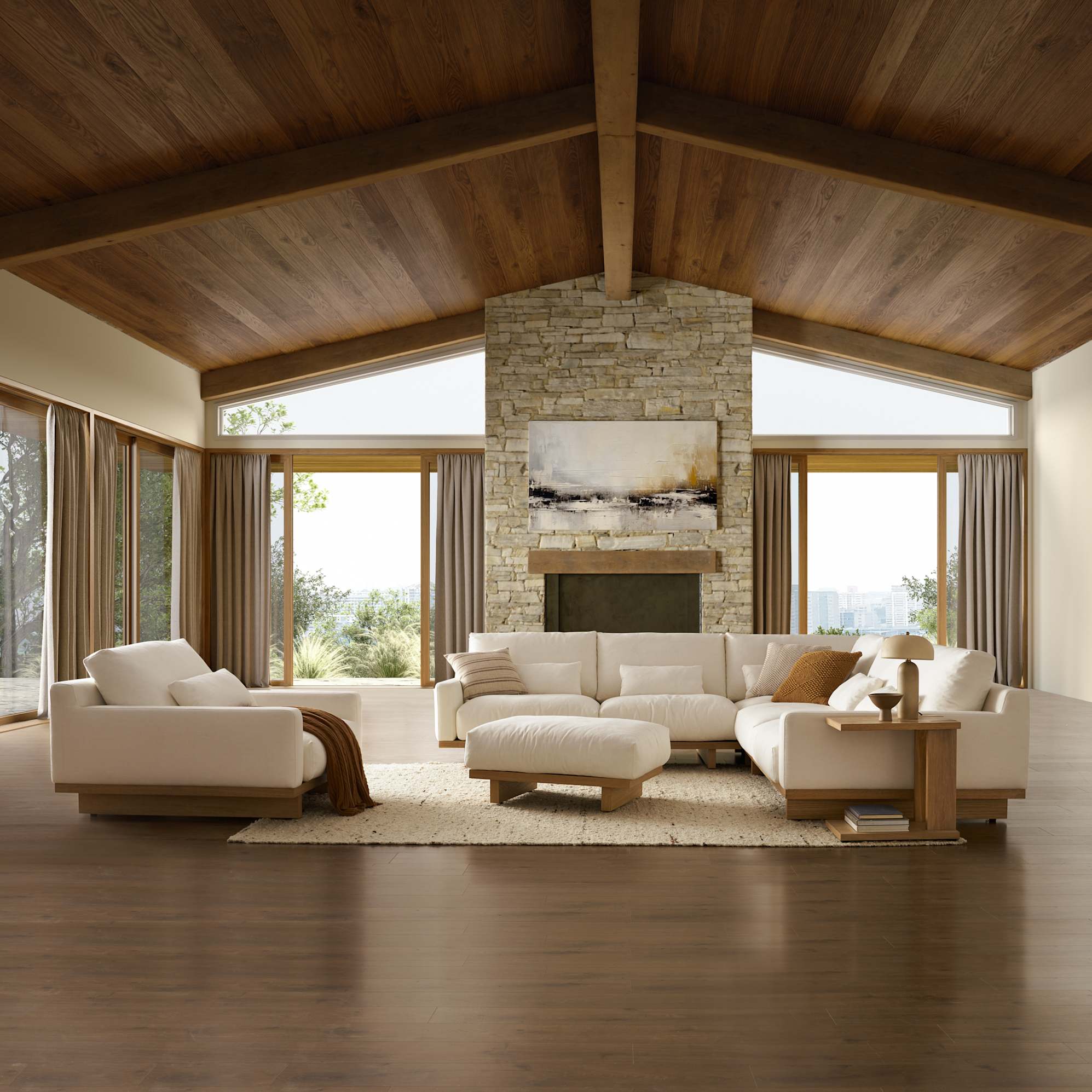 Mori L-Shaped Sectional Sofa with Ottoman, (Performance Genova) Alpine (Natural) lifestyle