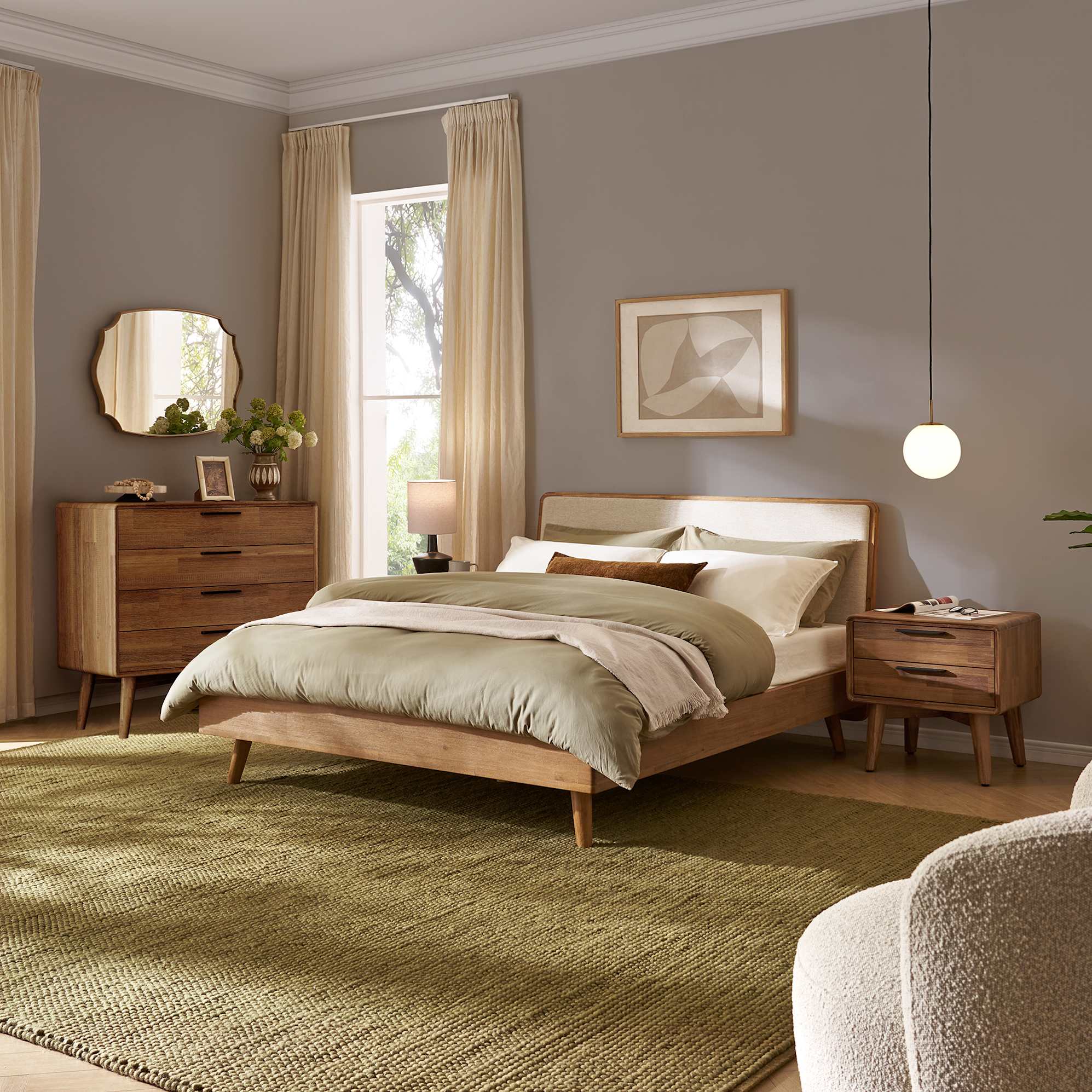 Seb Queen Size Bed with 4-Drawer Dresser & 2-Drawer Nightstands Set of 2, (Performance Twill) Creamy White lifestyle