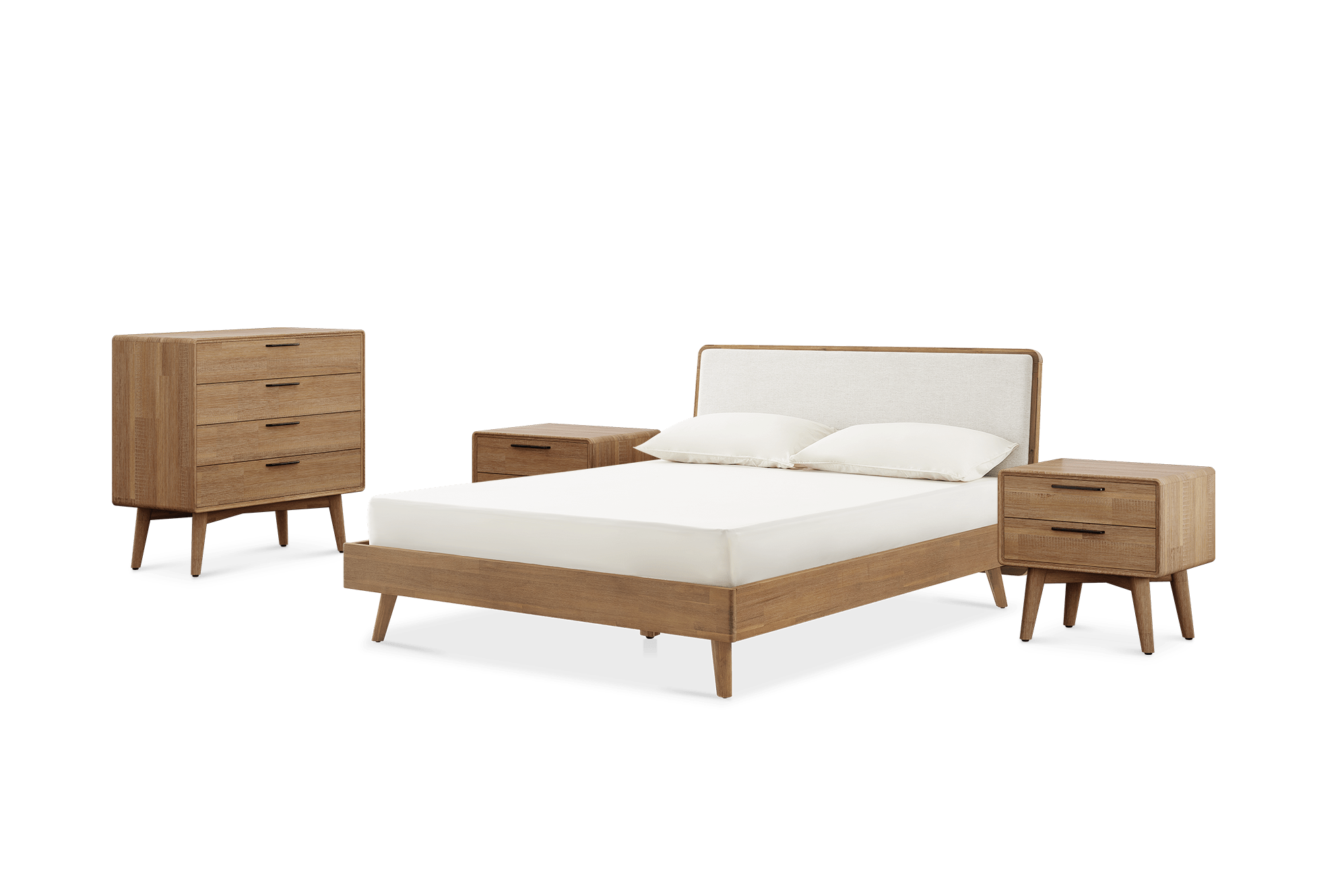 Seb Queen Size Bed with 4-Drawer Dresser & 2-Drawer Nightstands Set of 2, (Performance Twill) Creamy White