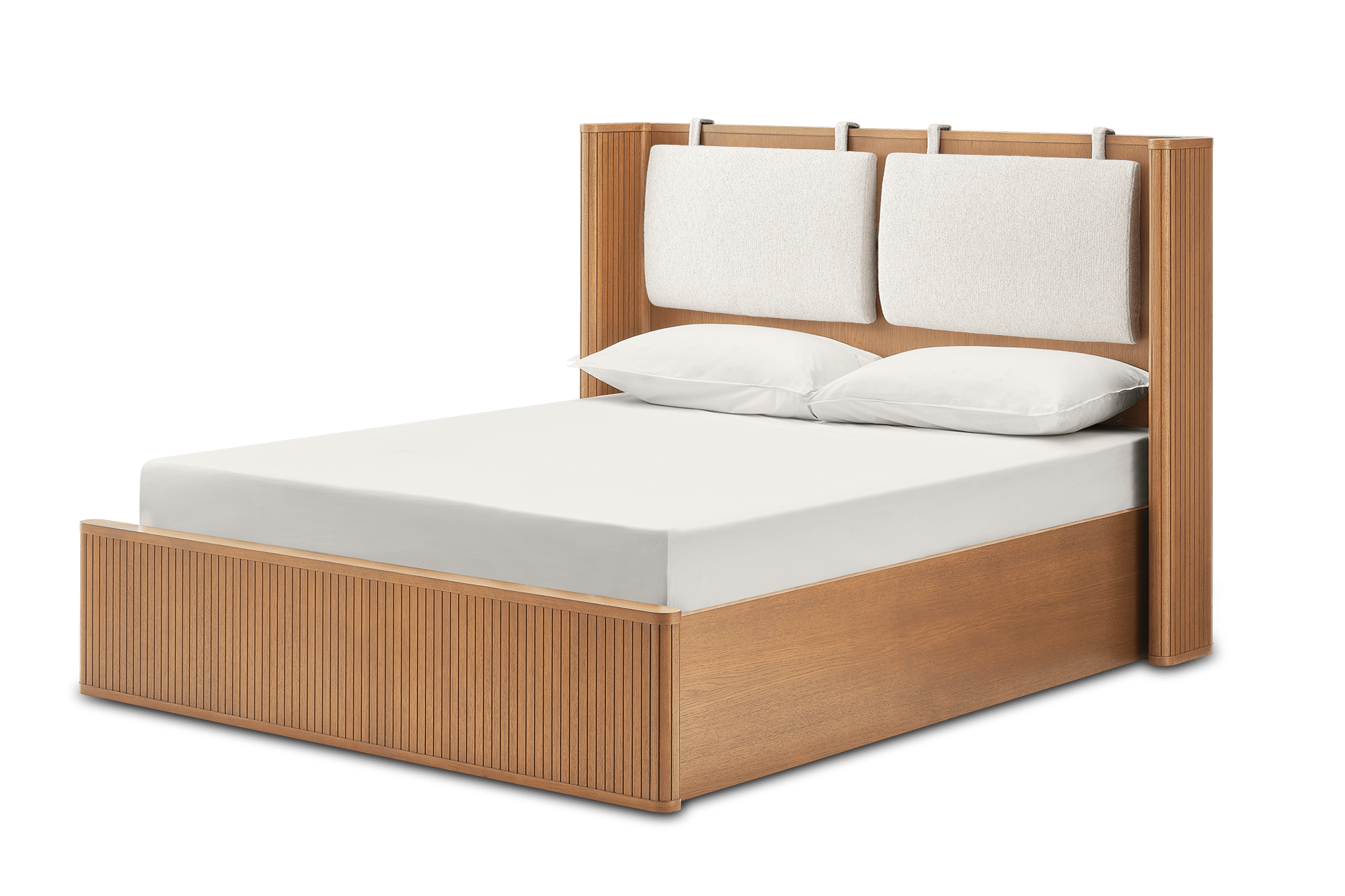 Harper Queen Size Bed with Headboard Cushions, Chestnut