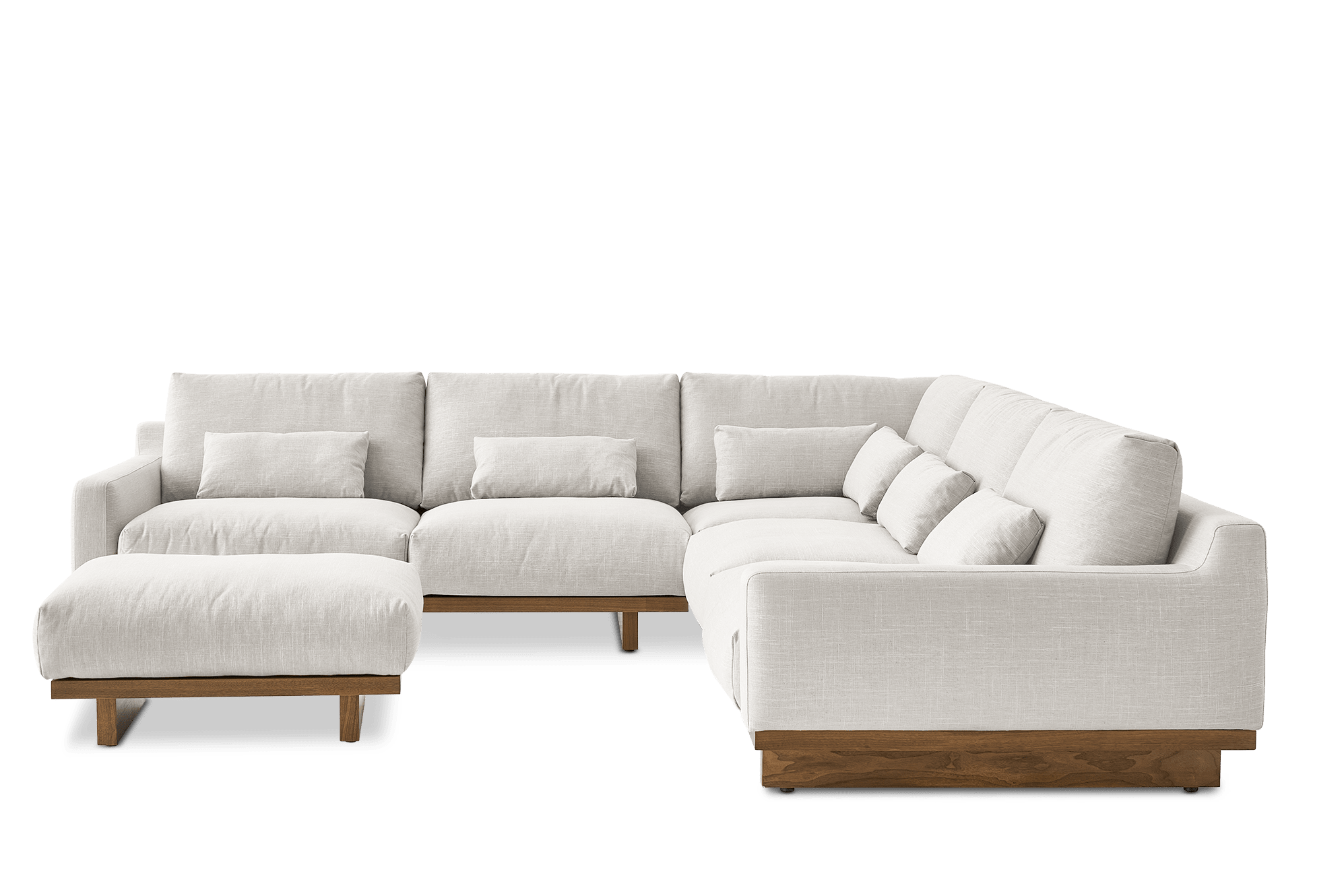 Mori L-Shaped Sectional Couch with Ottoman, (Performance Linen Weave) Sand (Walnut)