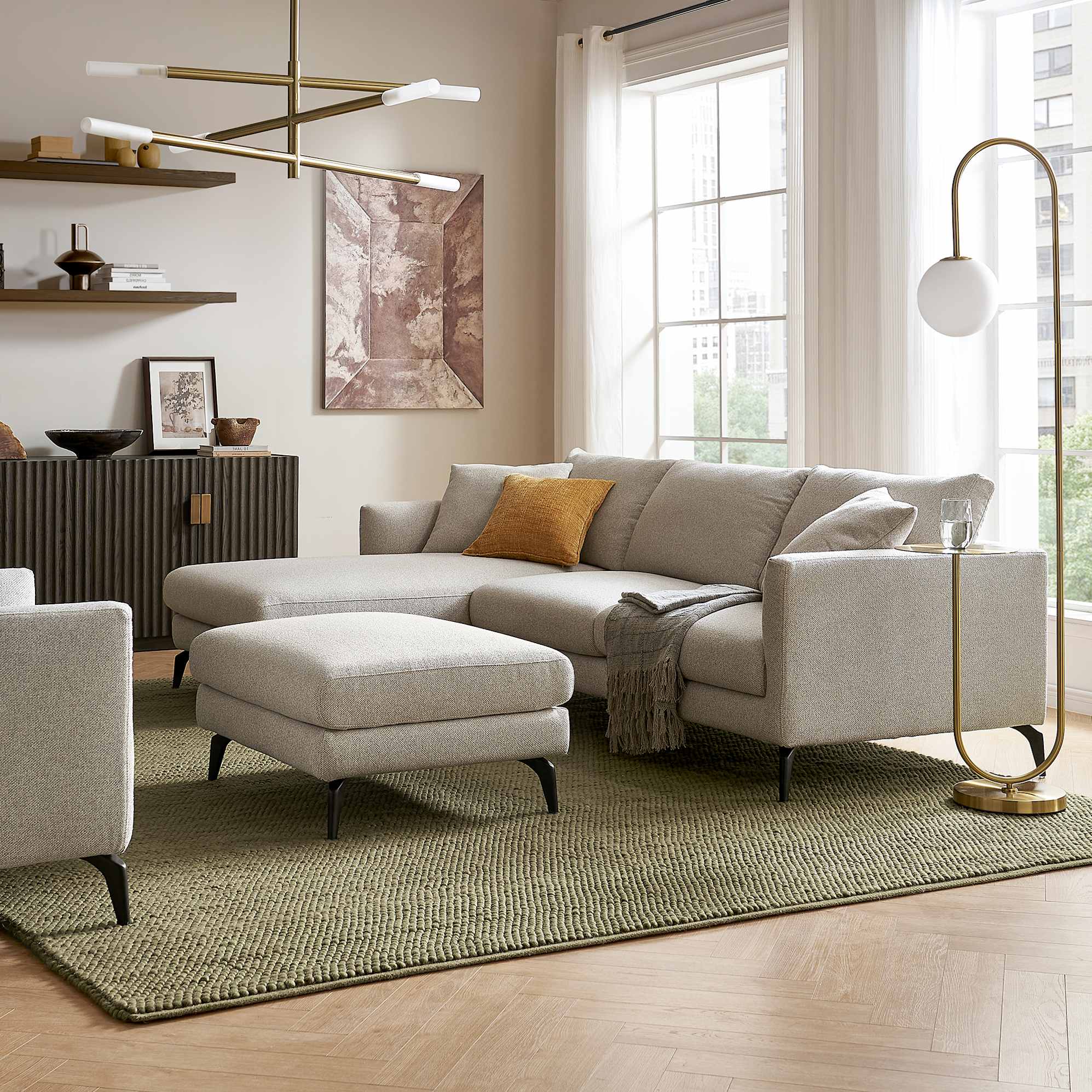 Lena Chaise Sectional Sofa Left Facing with Ottoman, (Performance Hugo) Greige (Matte Black Legs)