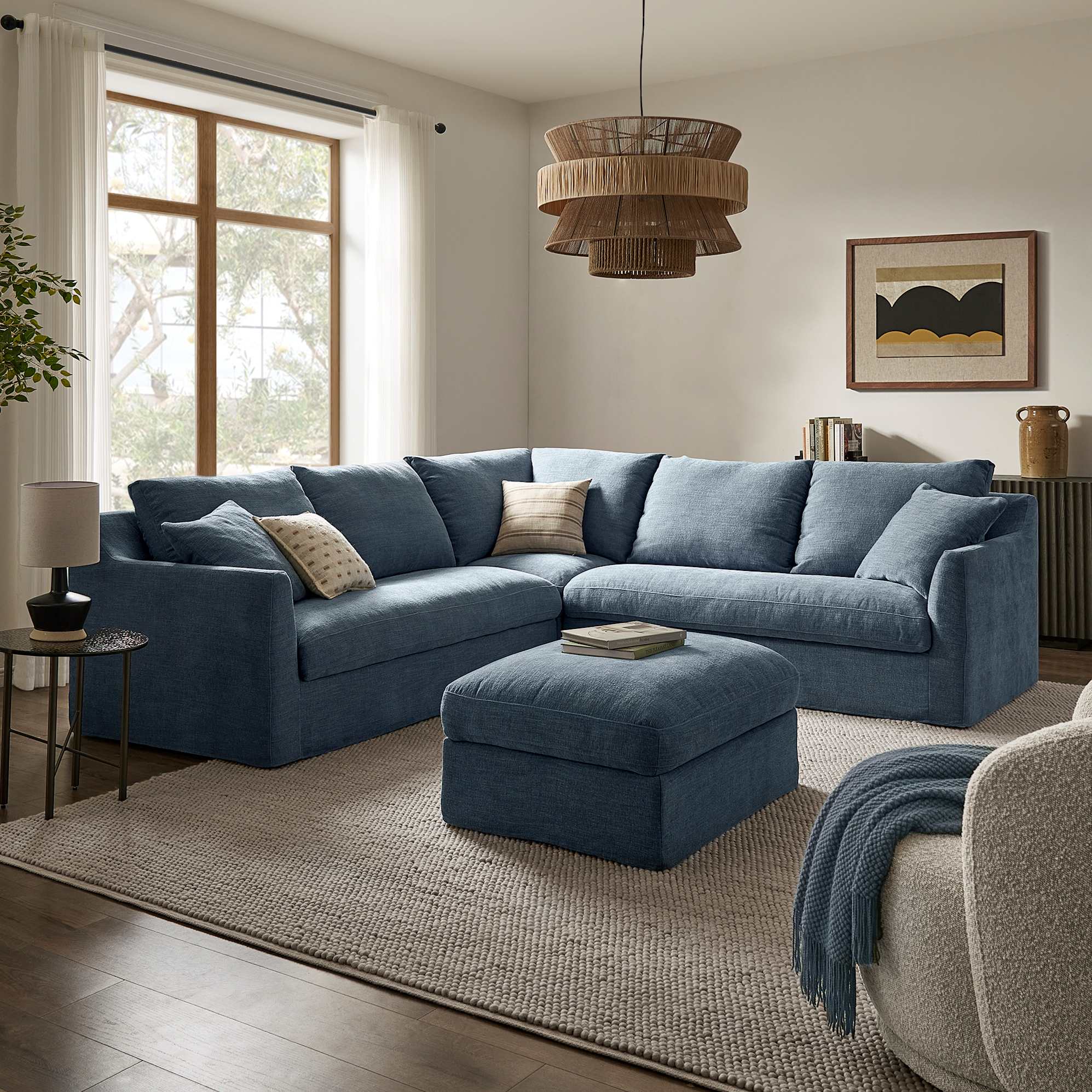 Agnes Slipcover Storage L-Shaped Sectional Sofa with Ottoman, (Sadie) Dusty Blue lifestyle
