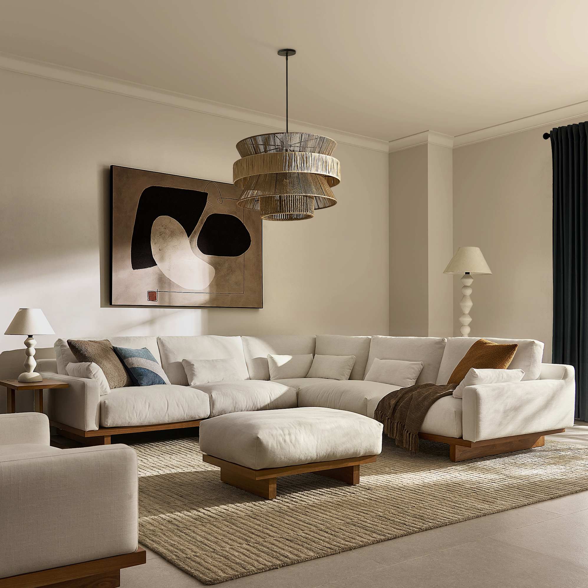 Mori L-Shaped Sectional Couch with Ottoman, (Performance Linen Weave) Sand (Walnut)