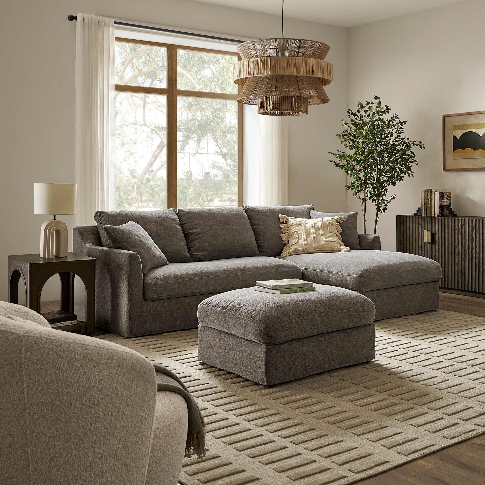 Agnes Slipcover Storage Chaise Sectional Sofa Right Facing with Ottoman, (Sadie) Ash lifestyle