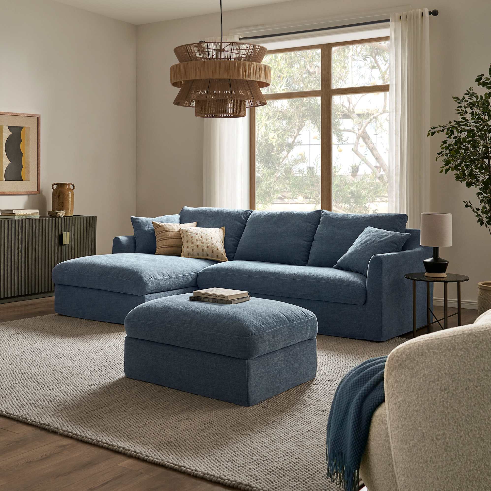 Agnes Slipcover Storage Chaise Sectional Sofa Left Facing with Ottoman, (Sadie) Dusty Blue lifestyle