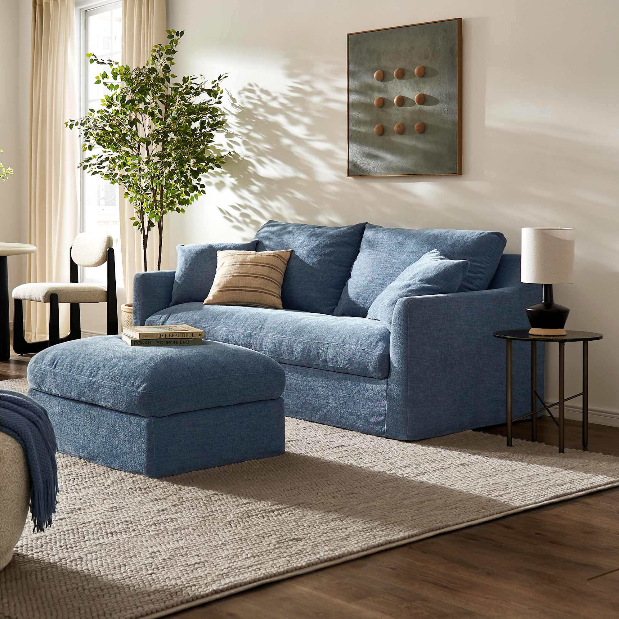 Agnes Slipcover Storage 3 Seater Sofa 203cm with Ottoman, (Sadie) Dusty Blue lifestyle