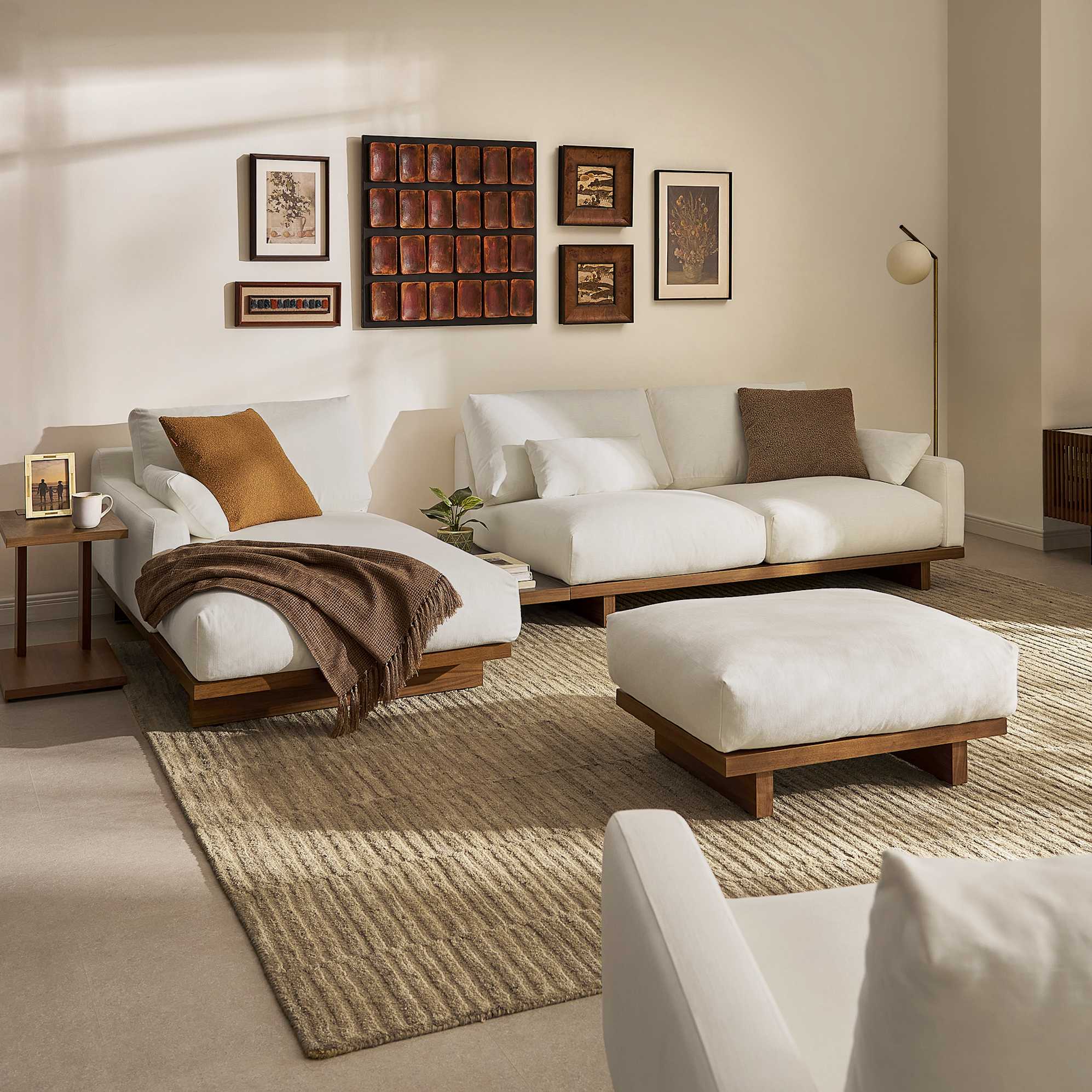 Mori Chaise Sectional Sofa Left Facing with Side Table, (Performance Genova) Alpine (Walnut)