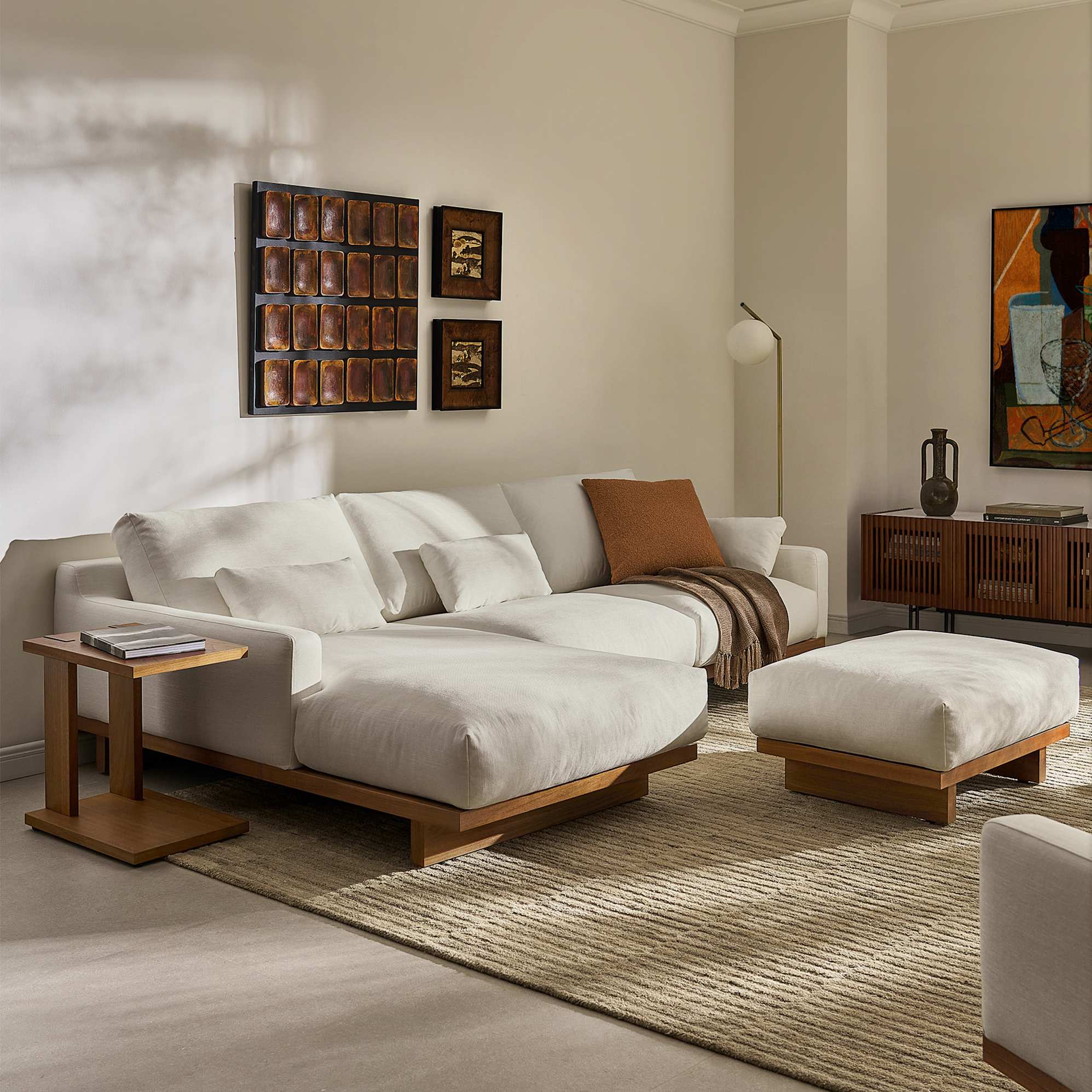 Mori Chaise Sofa Left Facing, (Performance Genova) Oat (Walnut) lifestyle