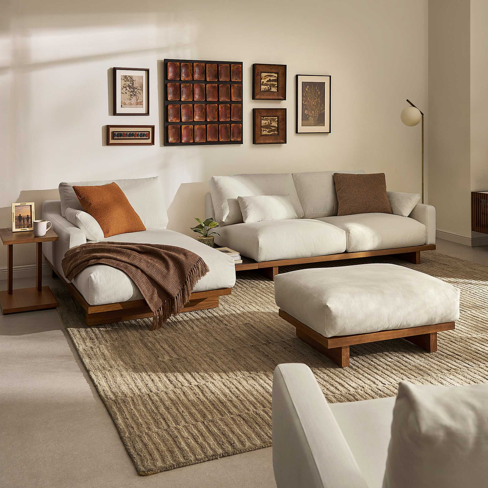 Mori Chaise Sectional Sofa Left Facing with Side Table, (Performance Genova) Oat (Walnut) lifestyle