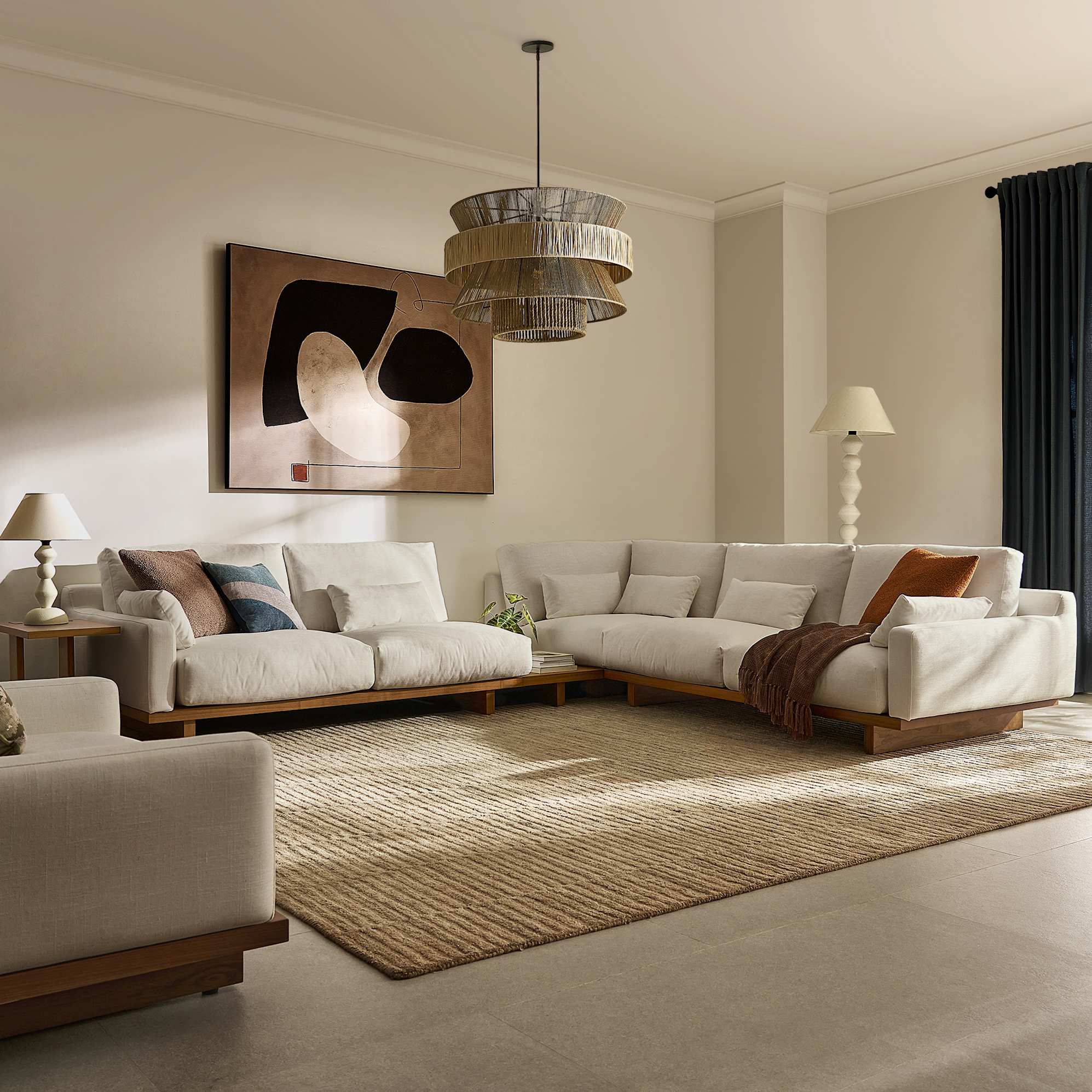 Mori L-Shaped Sectional Couch, (Performance Genova) Oat (Walnut)