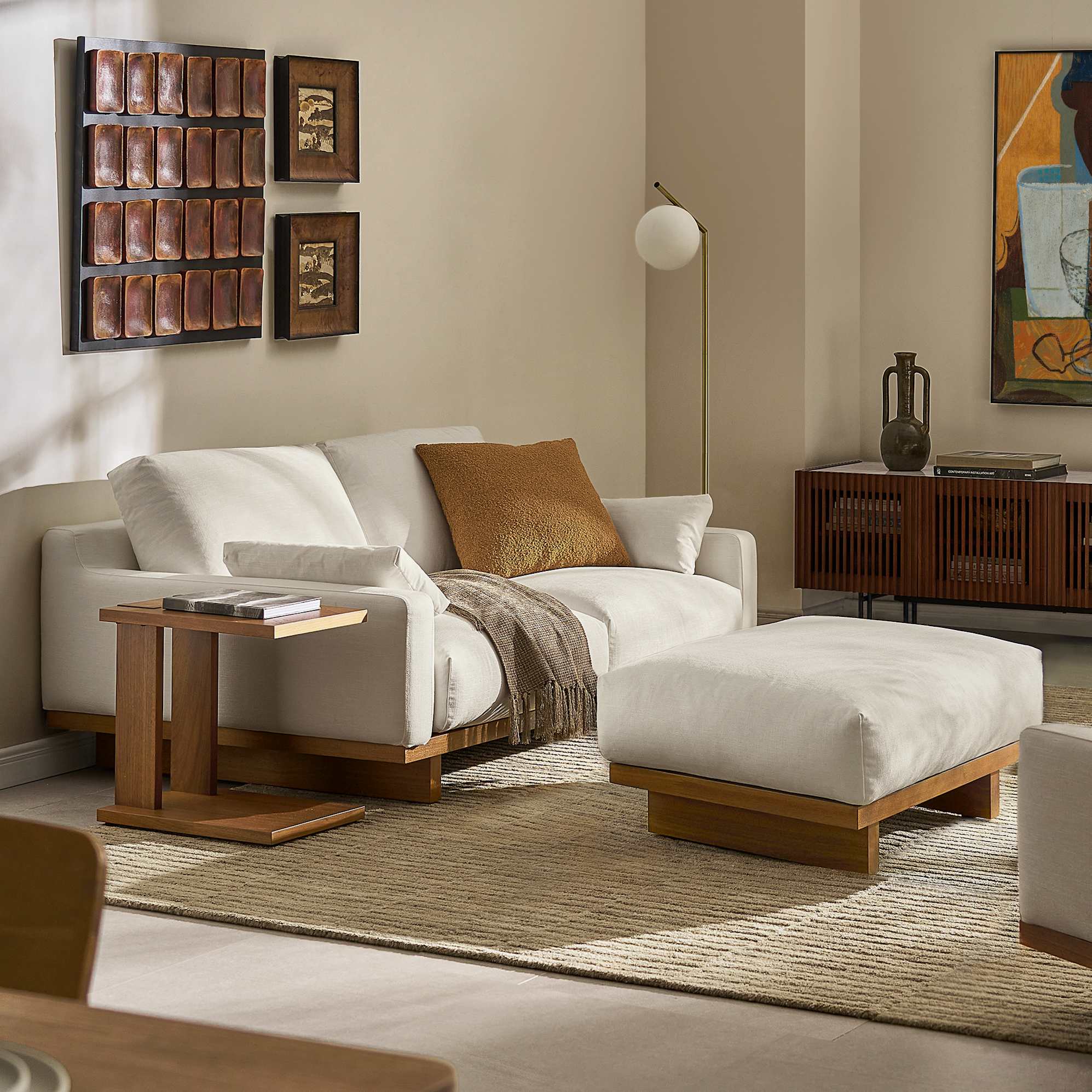Mori Loveseat with Ottoman, (Performance Linen Weave) Sand (Walnut)