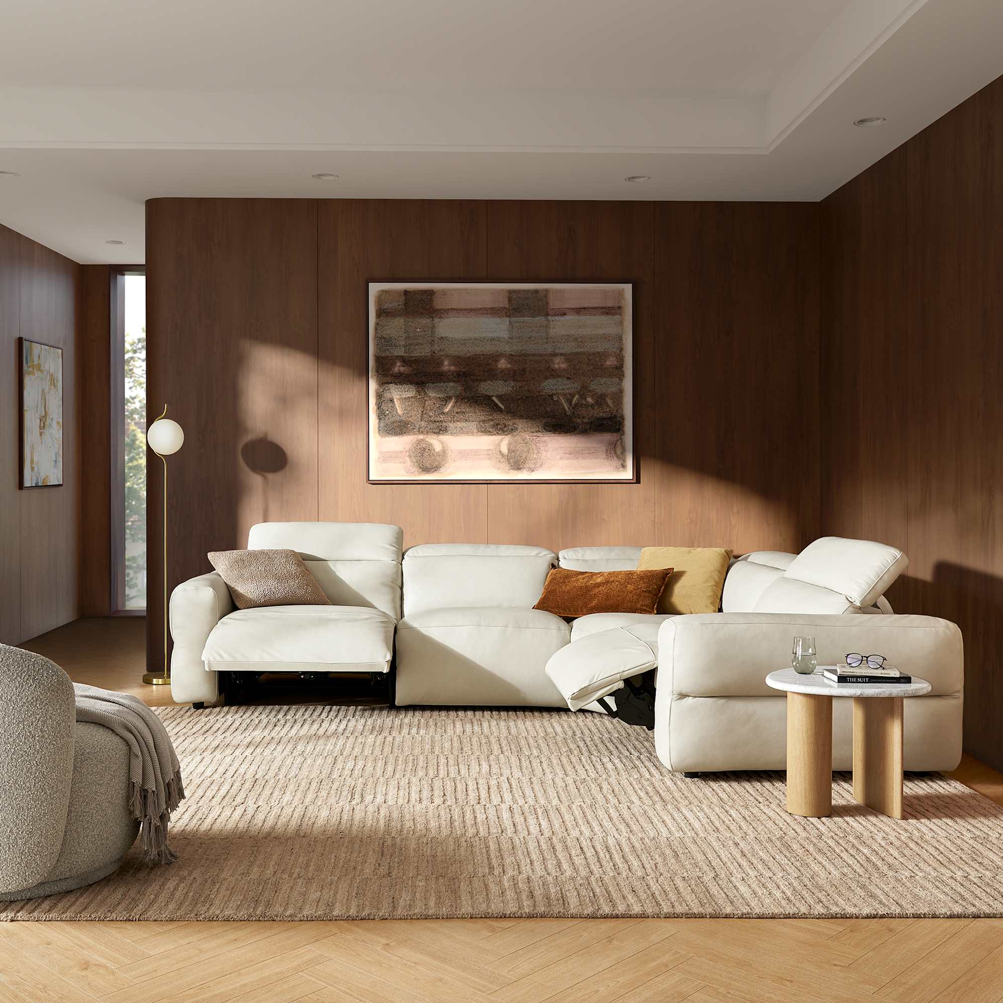 Jaron Leather Chaise Sectional Slim Arm Sofa, (Marche) Ivory